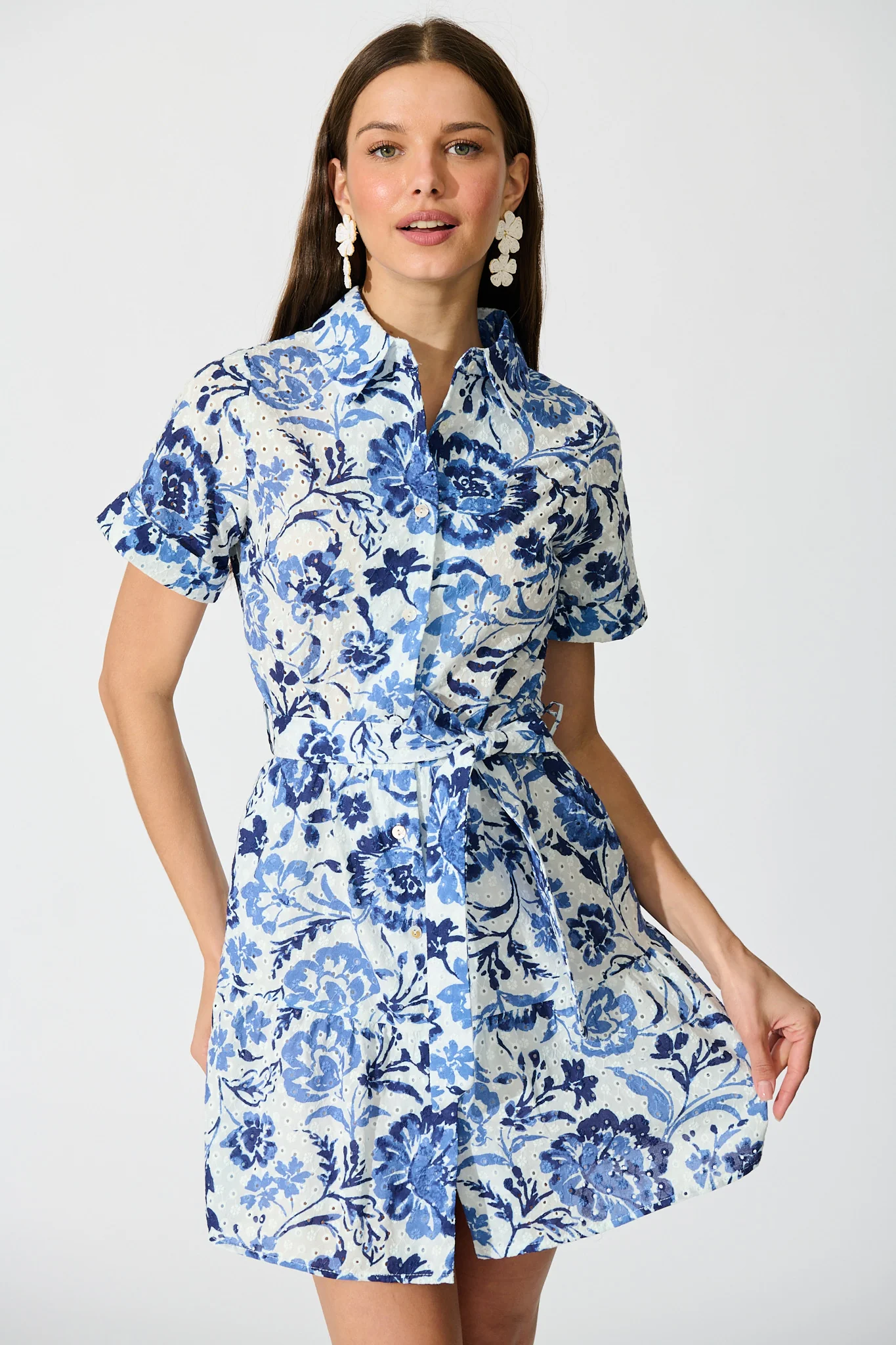 Kylea Shirt Dress in White with Blue Floral Embroidery - Image 2