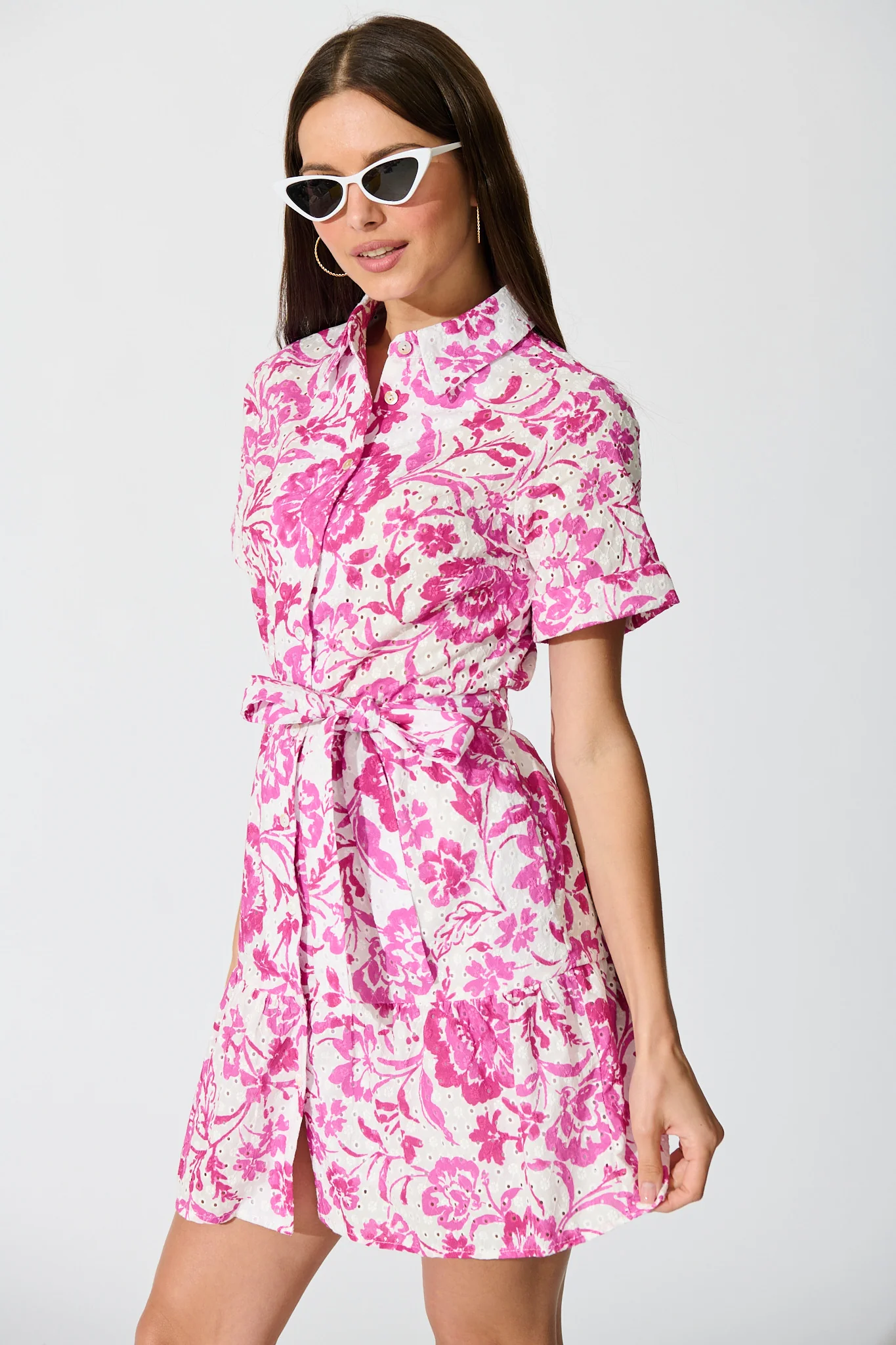Kylea Shirt Dress in White with Pink Floral Embroidery - Image 2