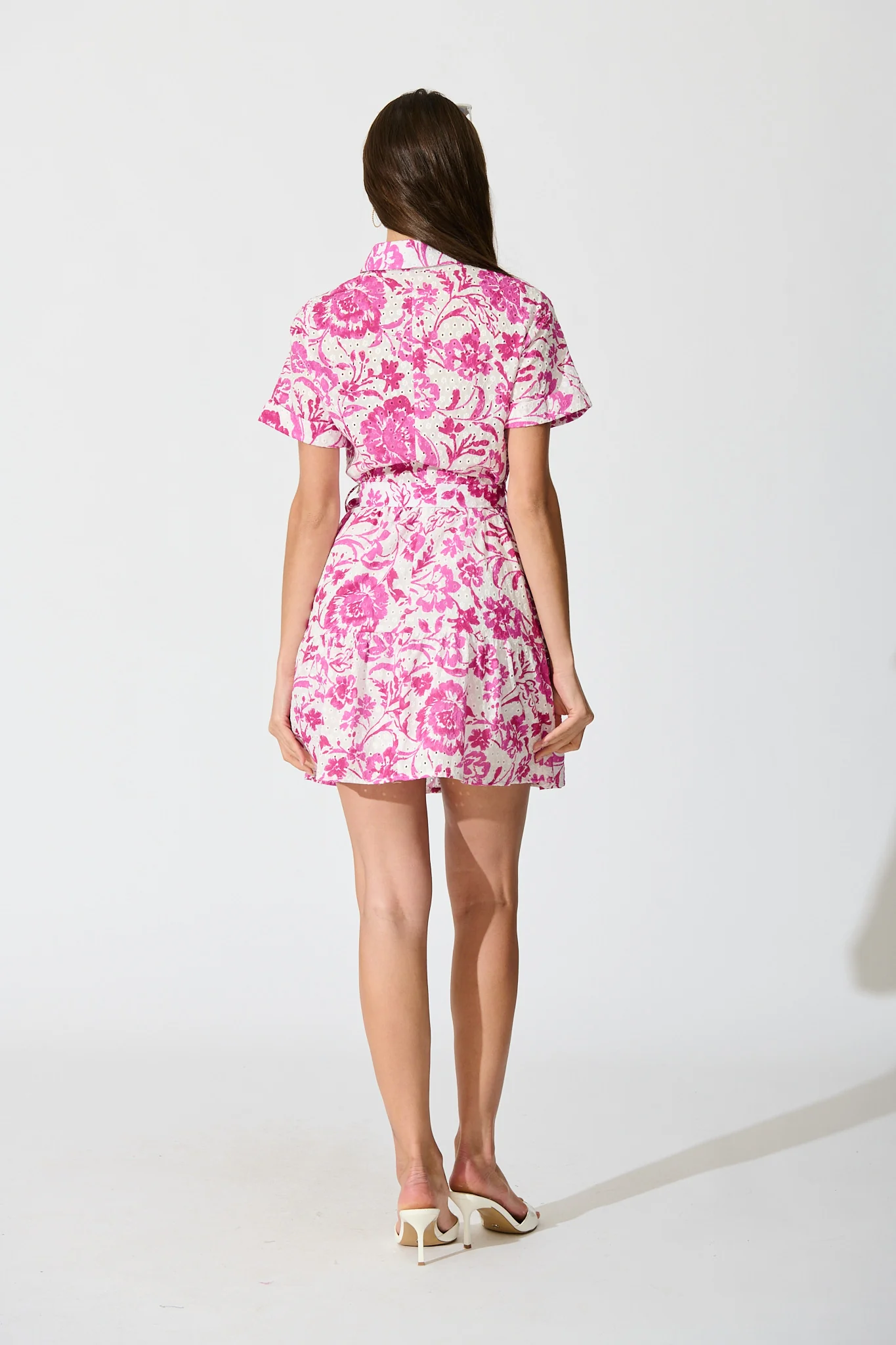 Kylea Shirt Dress in White with Pink Floral Embroidery - Image 4