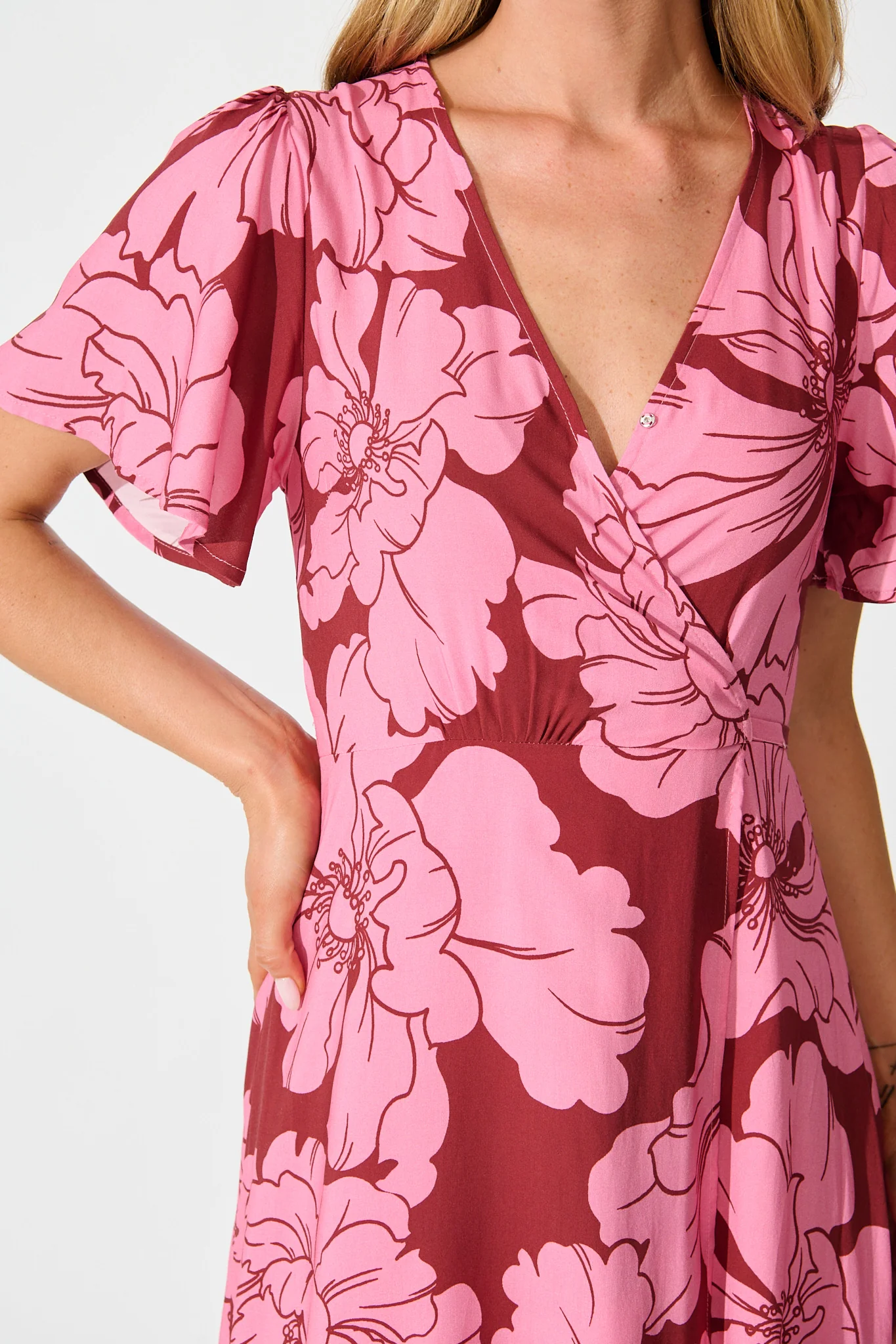 Labyrinth Maxi Wrap Dress in Wine with Pink Floral - Image 5