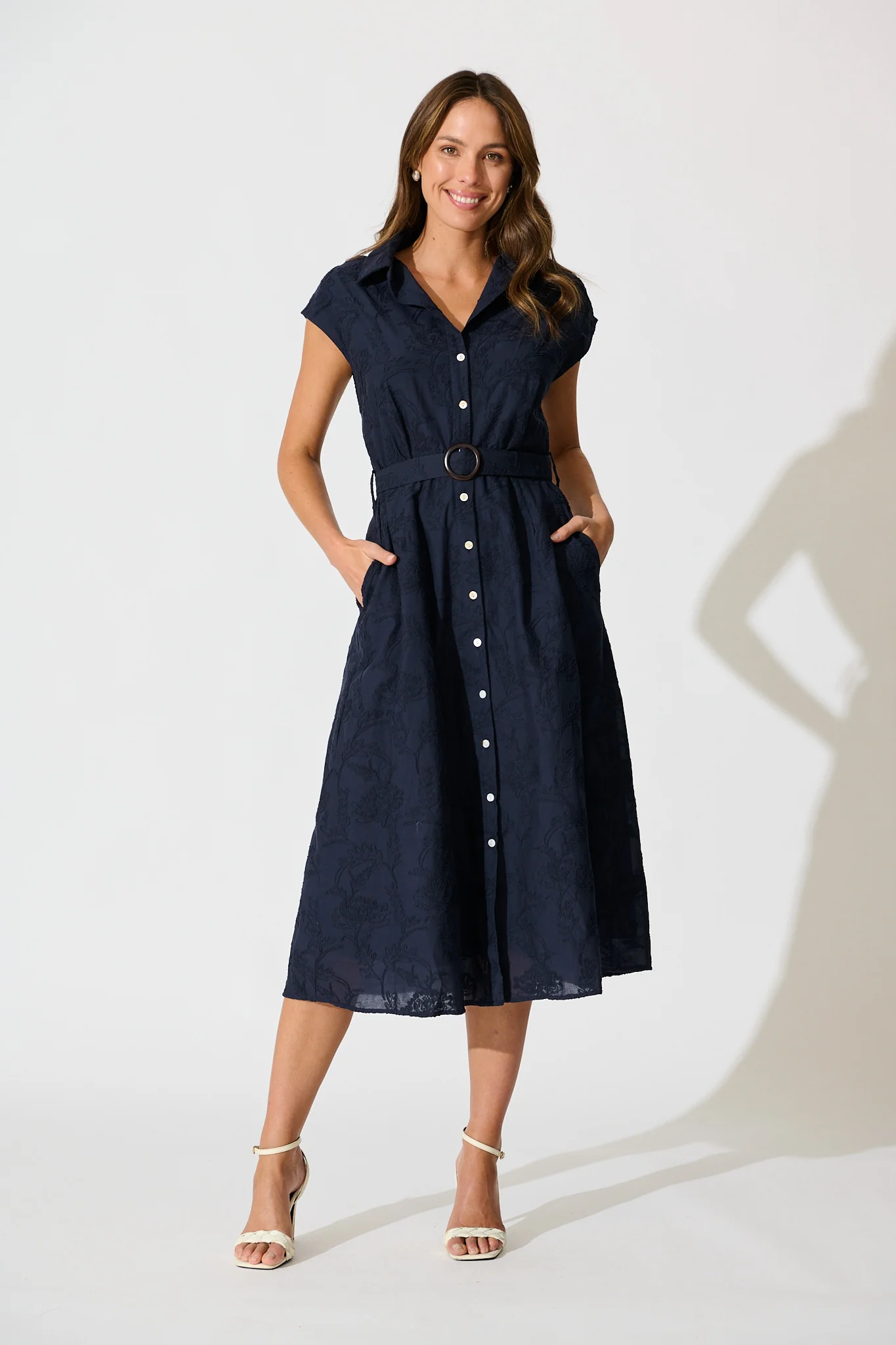 Lace & Love Midi Shirt Dress in Navy Embroidery Cotton