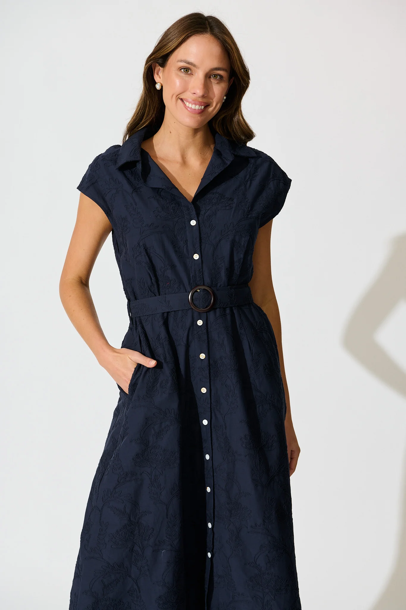 Lace & Love Midi Shirt Dress in Navy Embroidery Cotton - Image 2