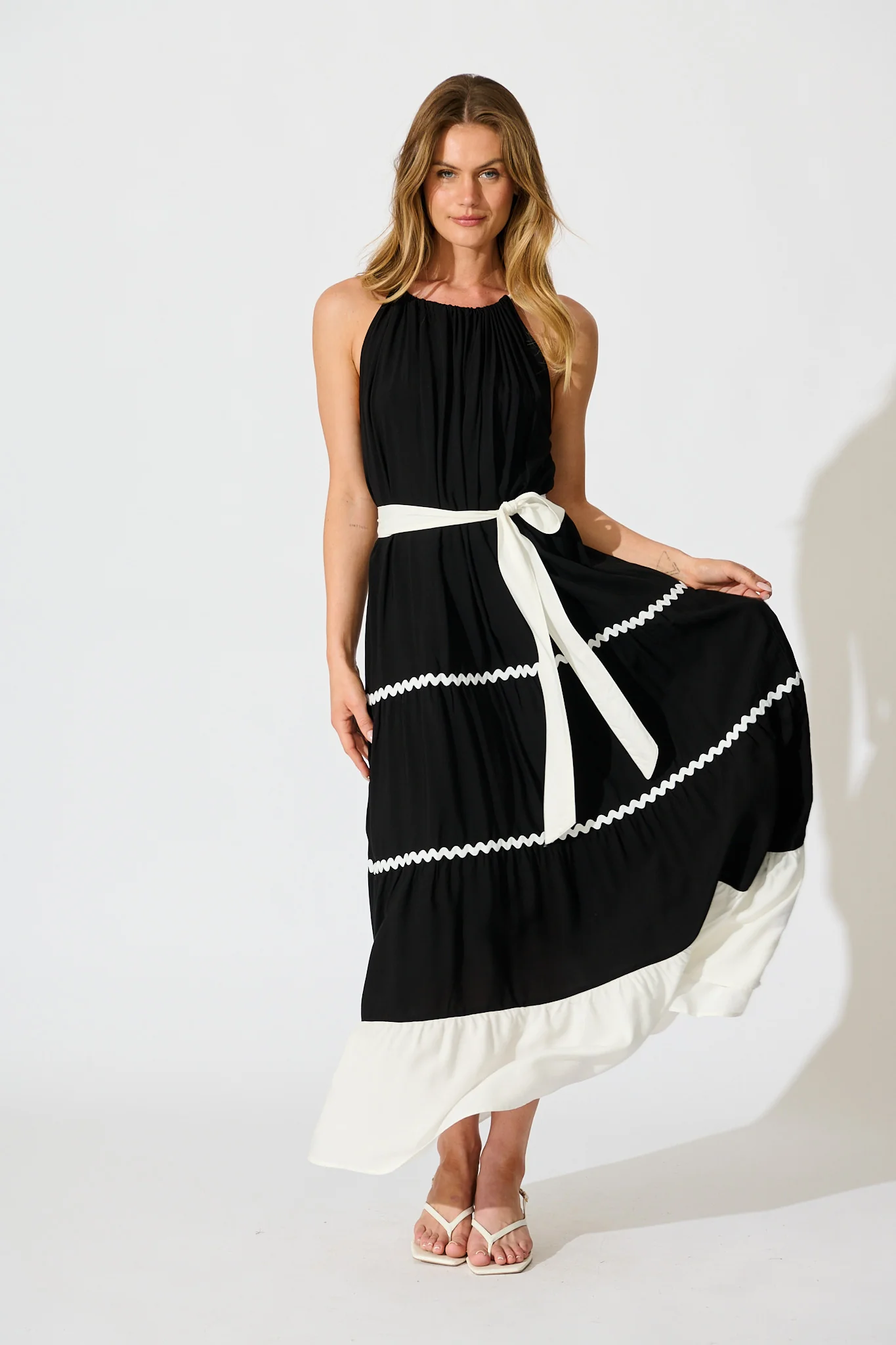 Lachay Maxi Dress in Black with White Ric Rac Trim