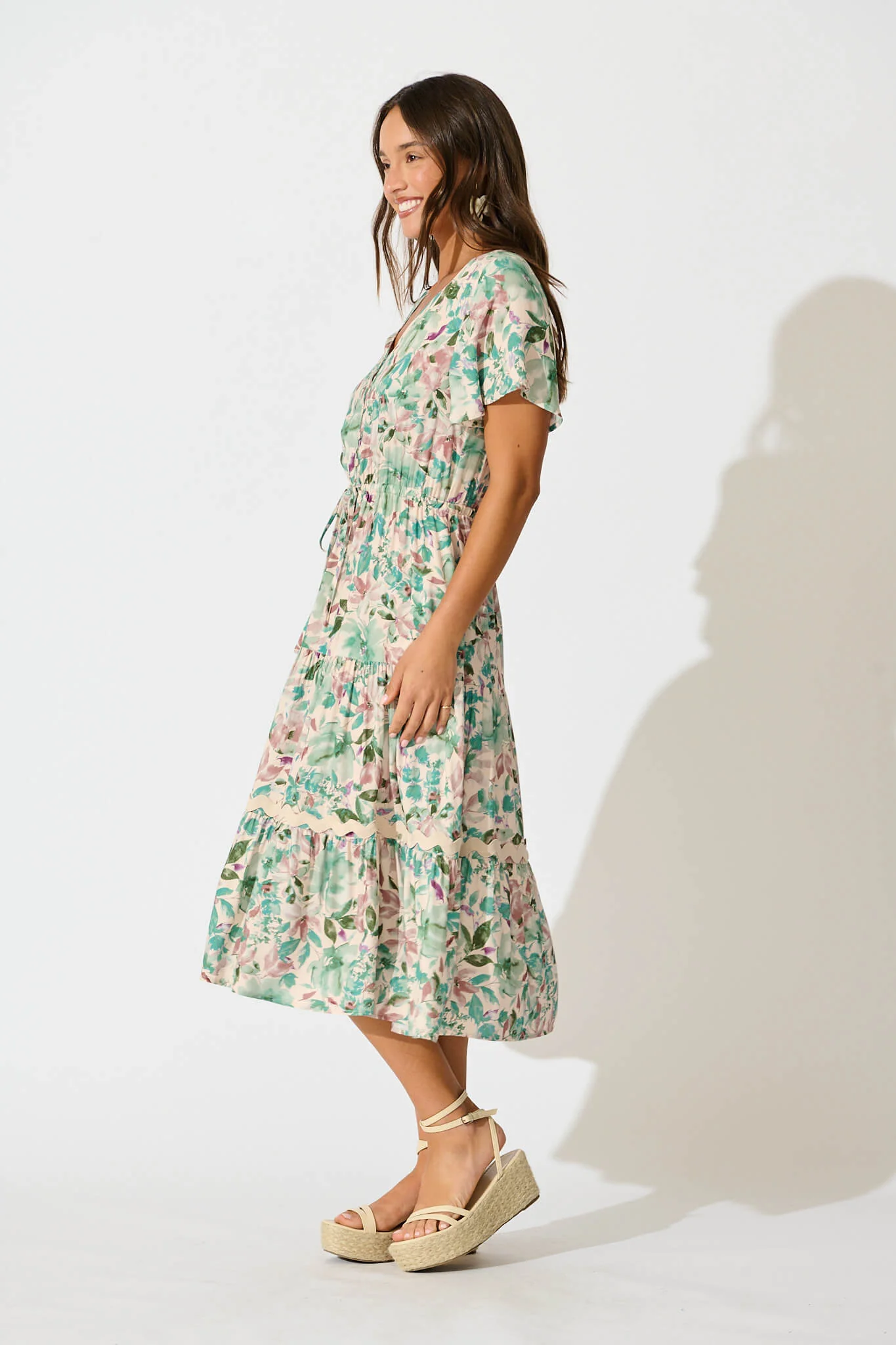 Laconia Midi Dress In White With Teal Floral - Image 3