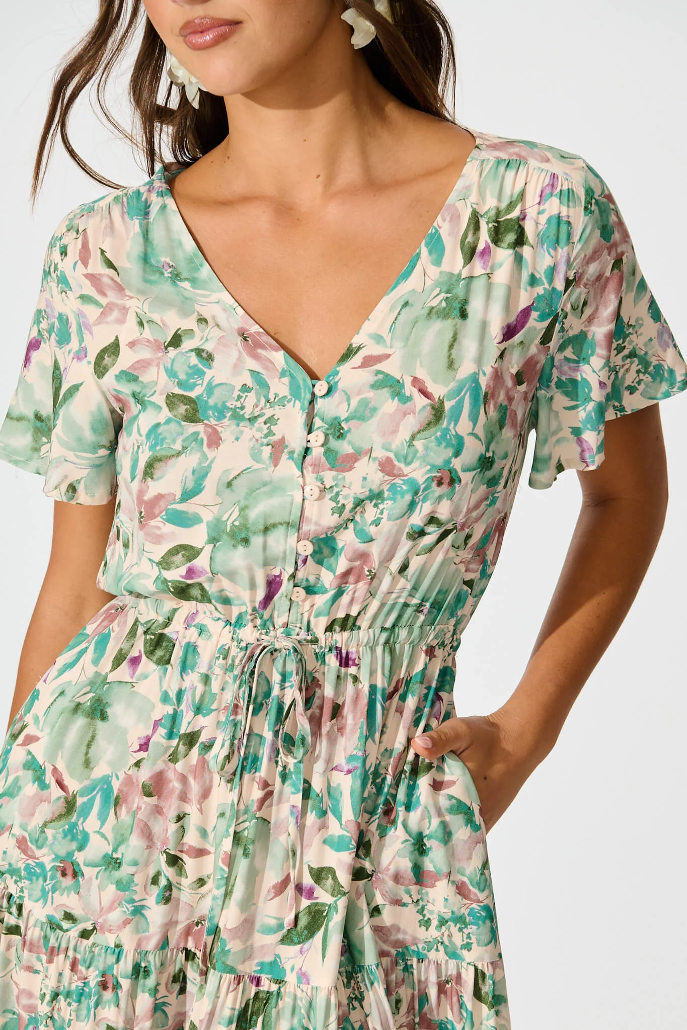 Laconia Midi Dress In White With Teal Floral - Image 5