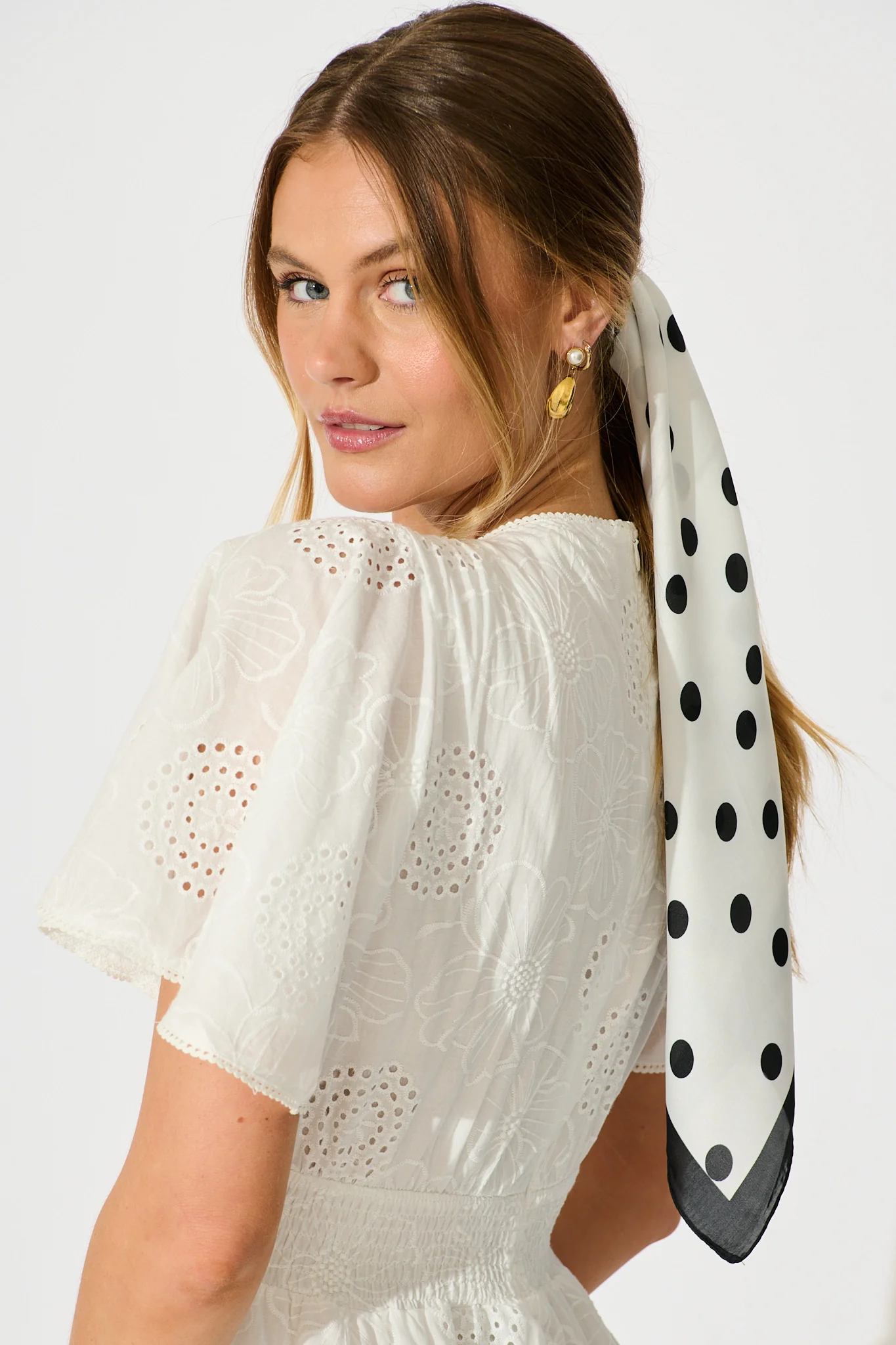 Lana Scarf in Black and White Polkadot Satin - Image 2