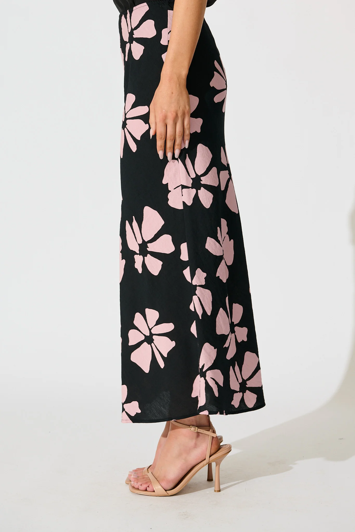 Lanah Maxi Skirt in Black with Pink Flower Print - Image 2