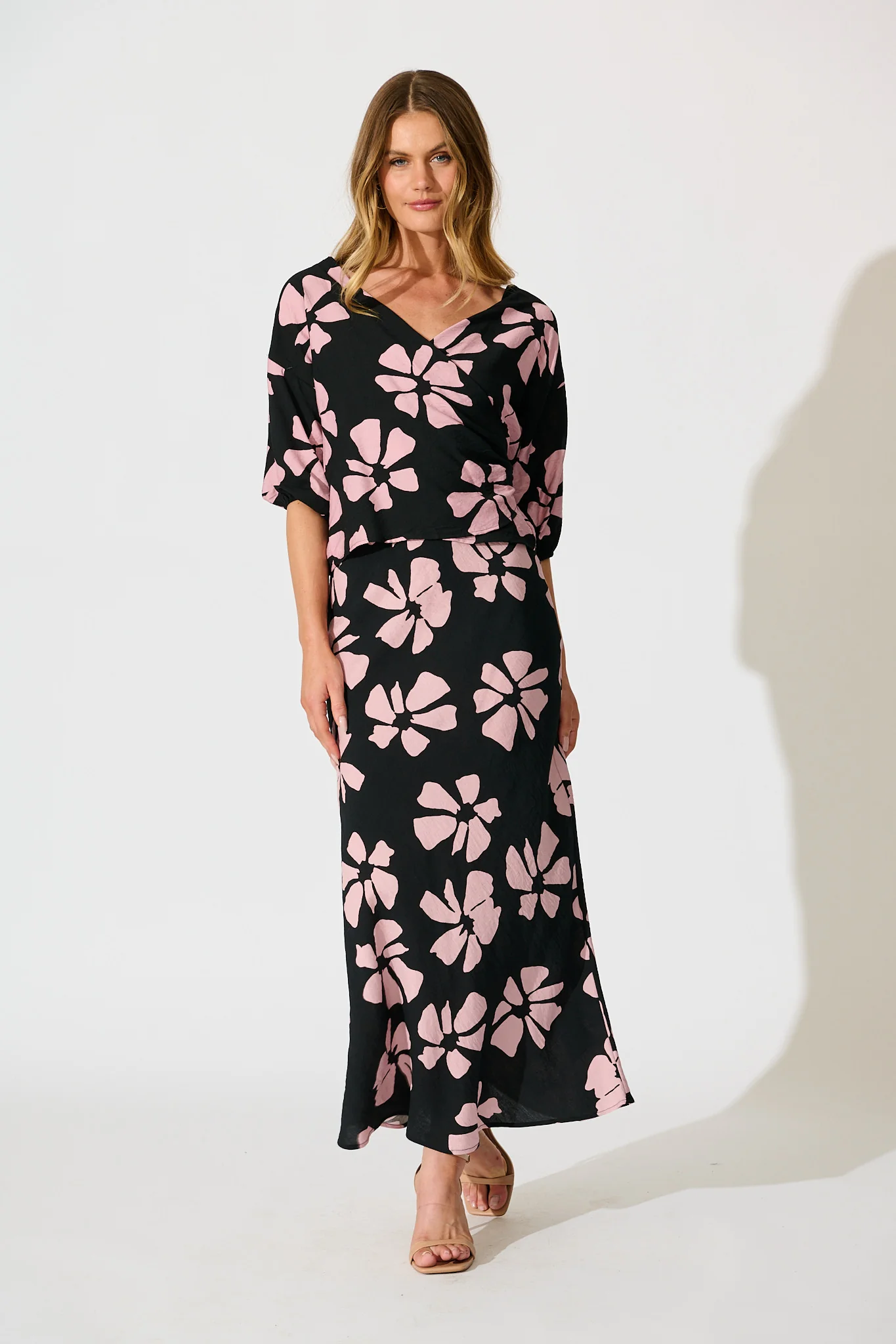 Lanah Maxi Skirt in Black with Pink Flower Print - Image 5
