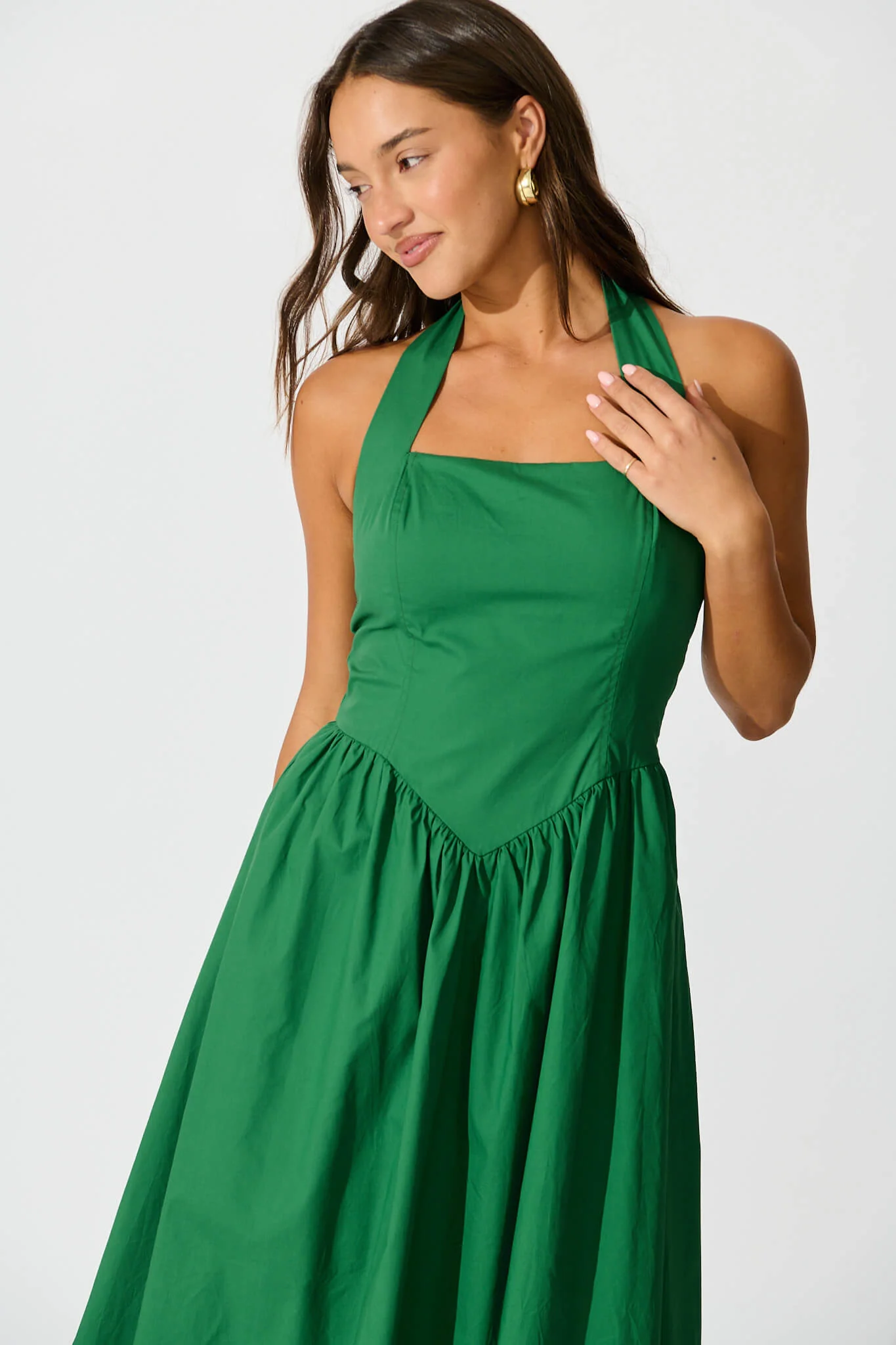 Lanna Halter Neck Maxi Dress in Green Cotton - Image 2