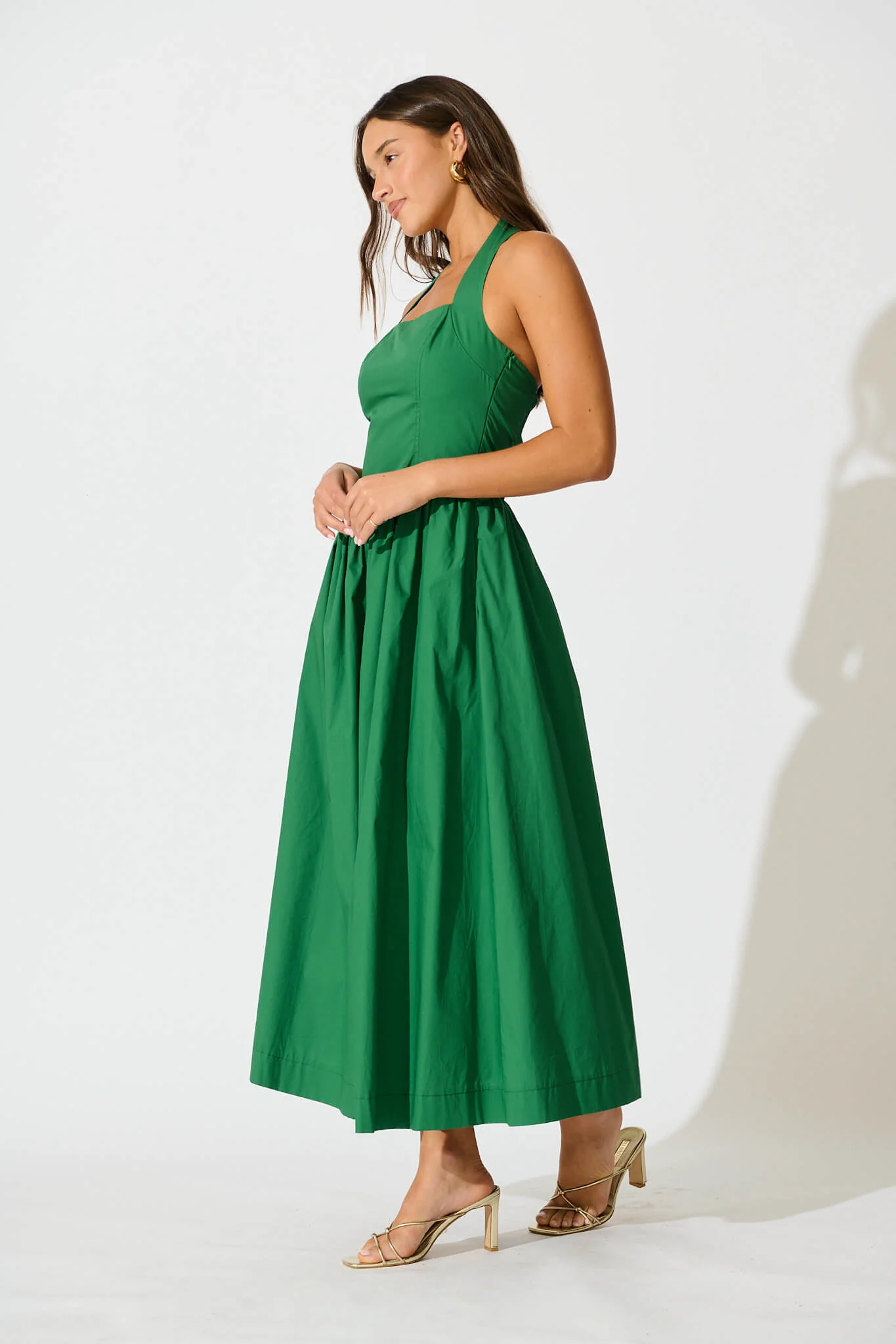 Lanna Halter Neck Maxi Dress in Green Cotton - Image 3