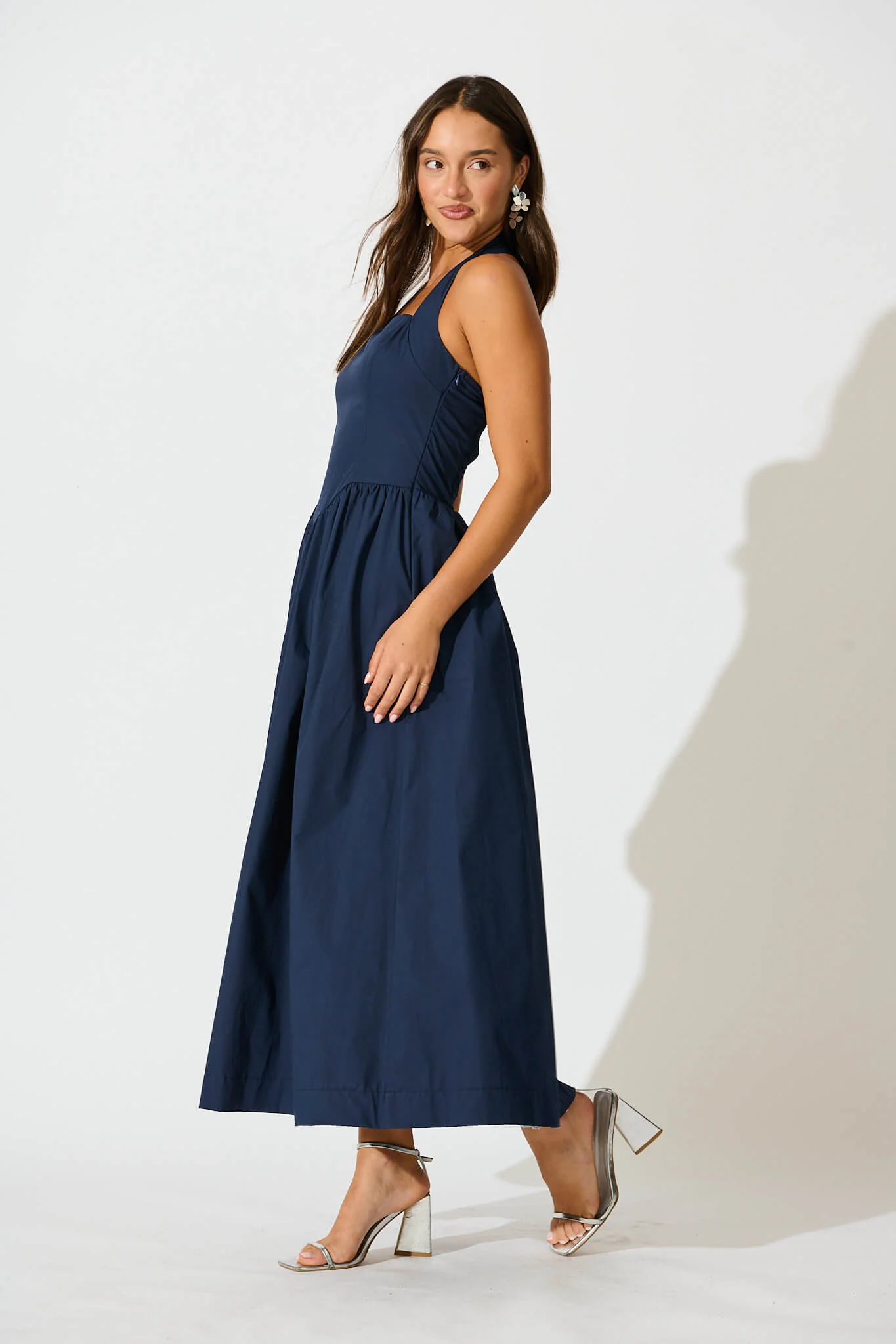 Lanna Halter Neck Maxi Dress in Navy Cotton - Image 7