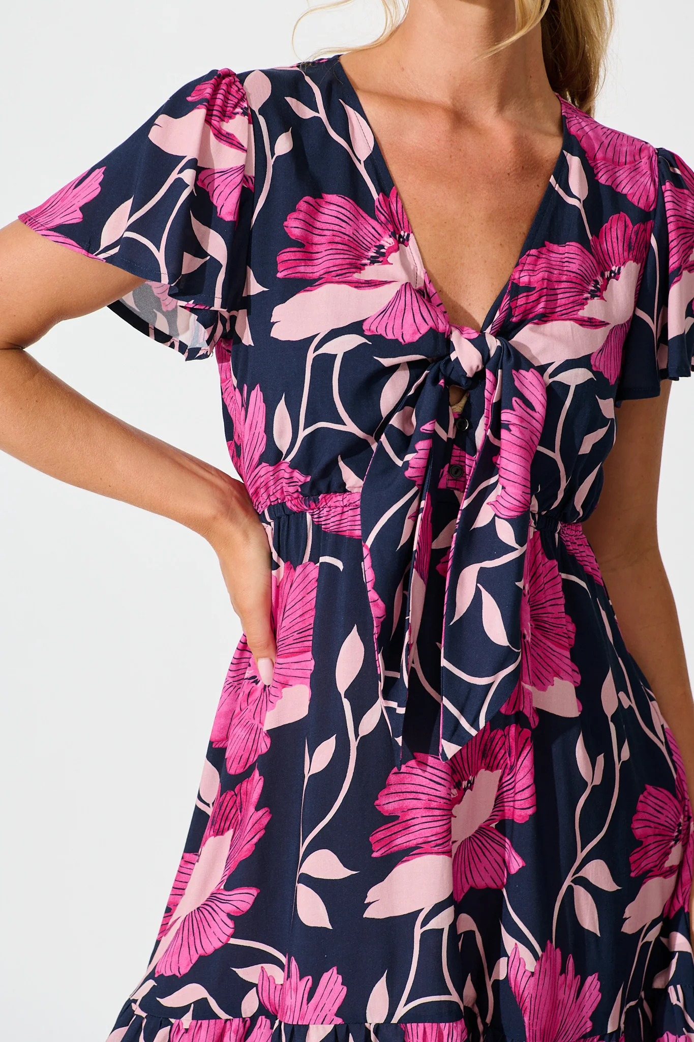 Lara Dress In Navy with Pink Floral - Image 5