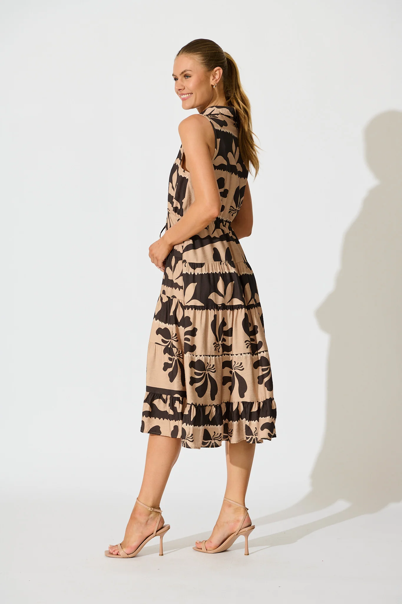 Larah Midi Dress in Brown and Black Linen Blend - Image 3