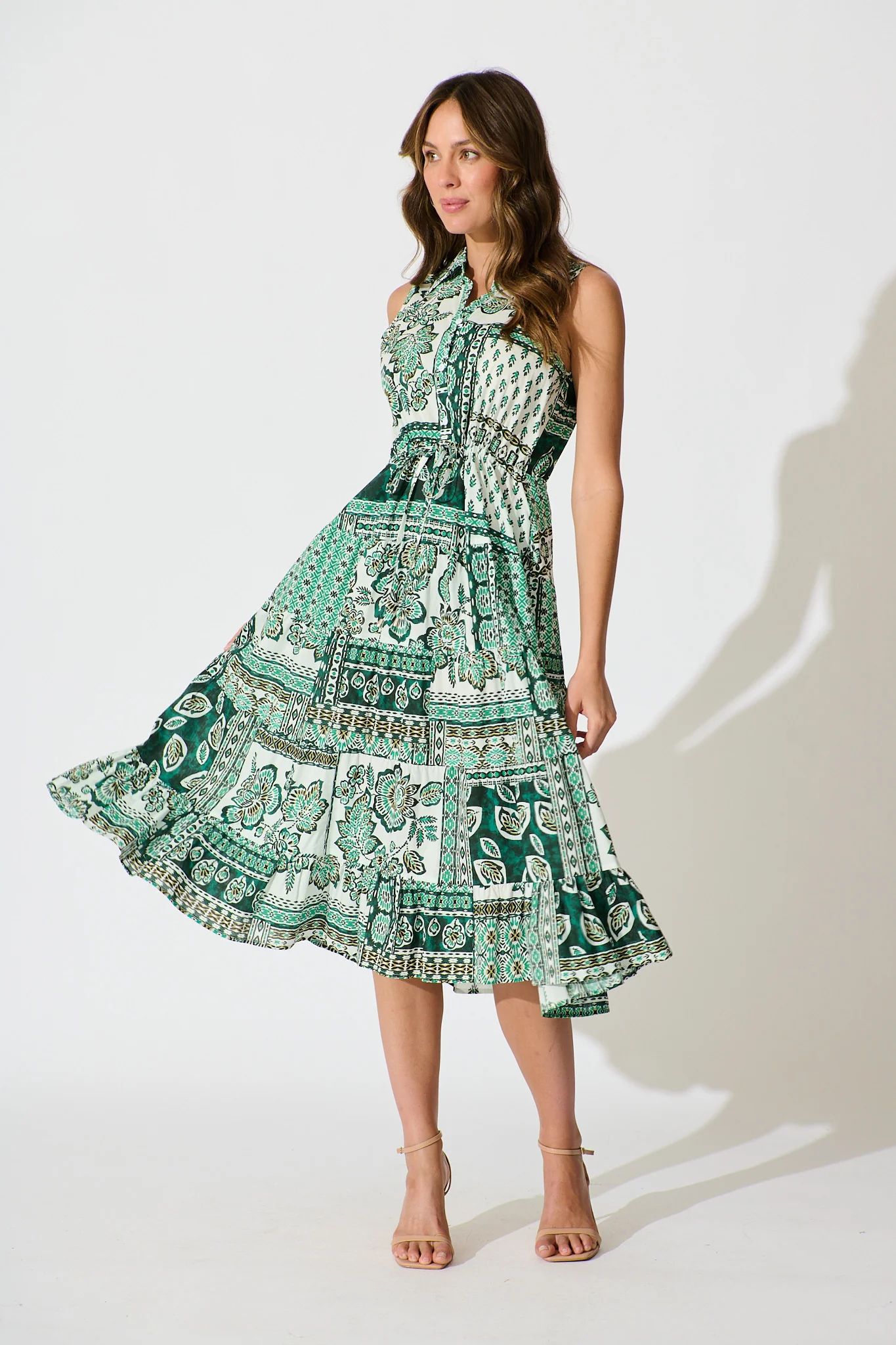 Larah Midi Dress in Green and White Patchwork Cotton