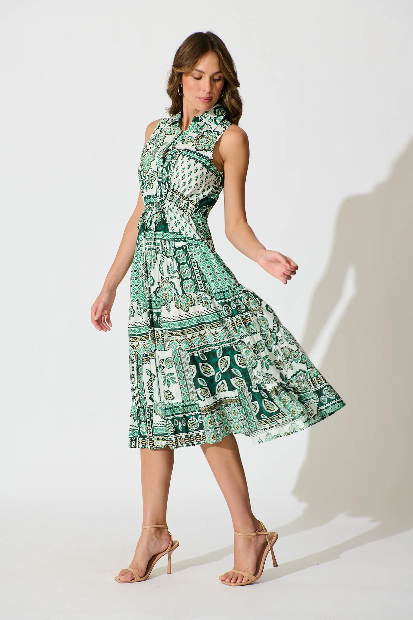 Larah Midi Dress in Green and White Patchwork Cotton - Image 3