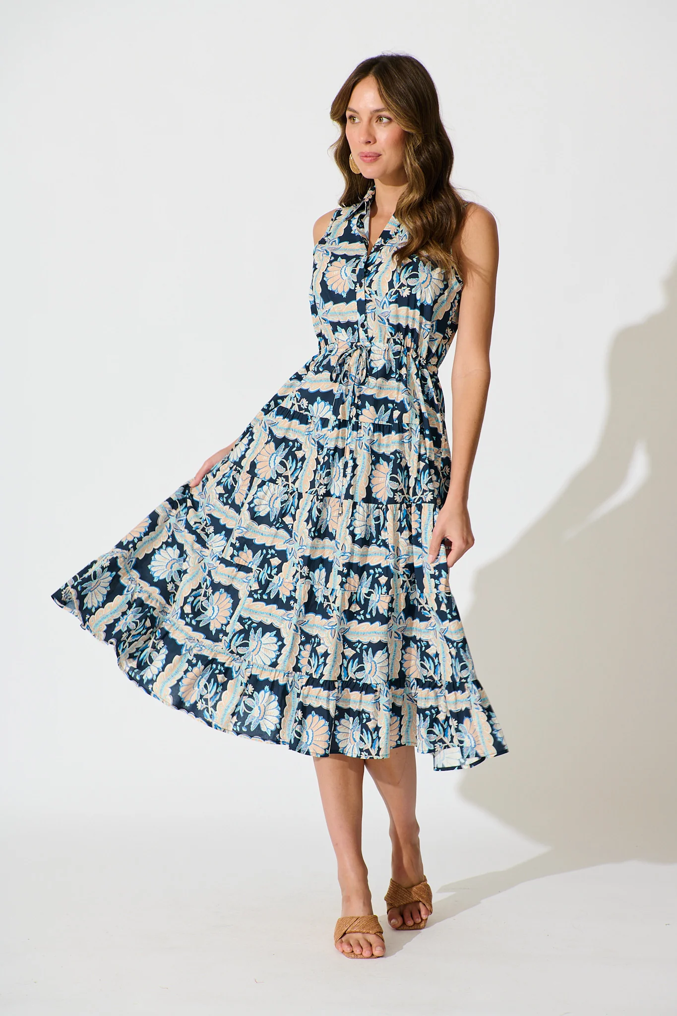 Larah Midi Dress in Navy Multi Floral Cotton