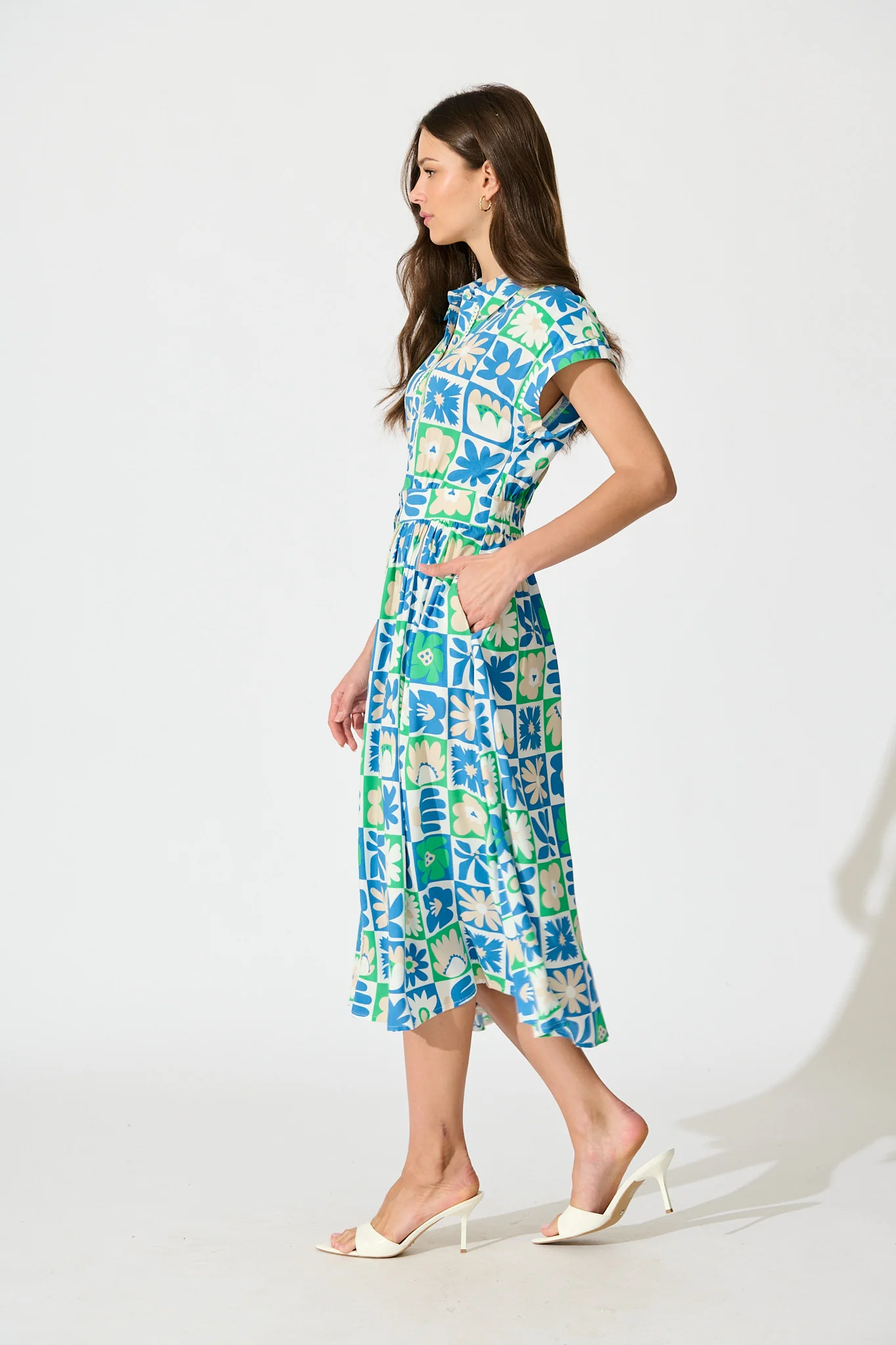 Lassie Midi Shirt Dress in Blue with White Patchwork Floral - Image 3