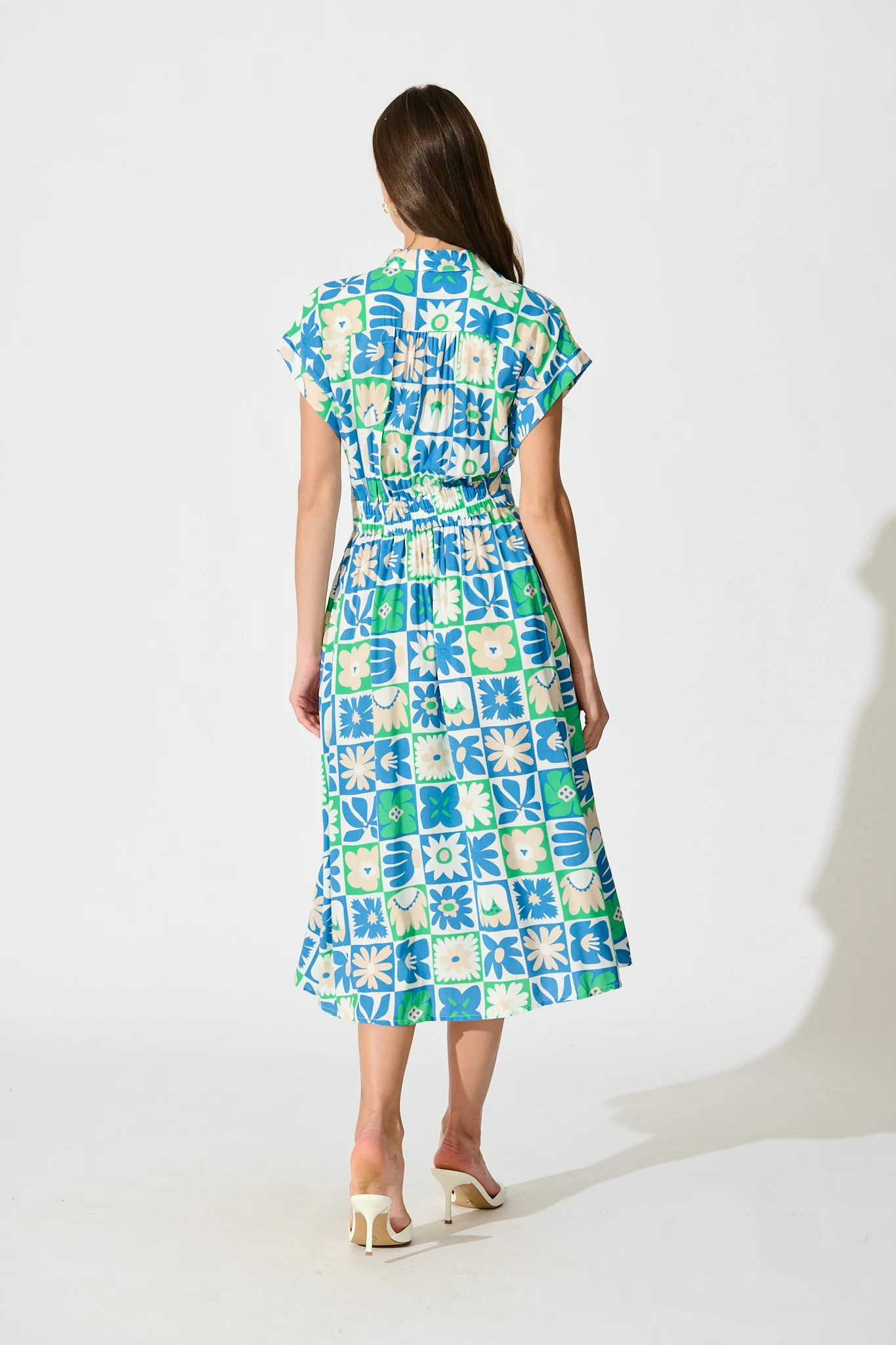 Lassie Midi Shirt Dress in Blue with White Patchwork Floral - Image 4