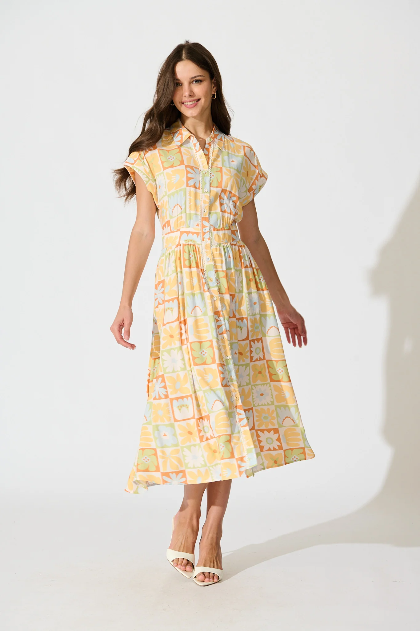 Lassie Midi Shirt Dress in Sage with Rust Patchwork Floral