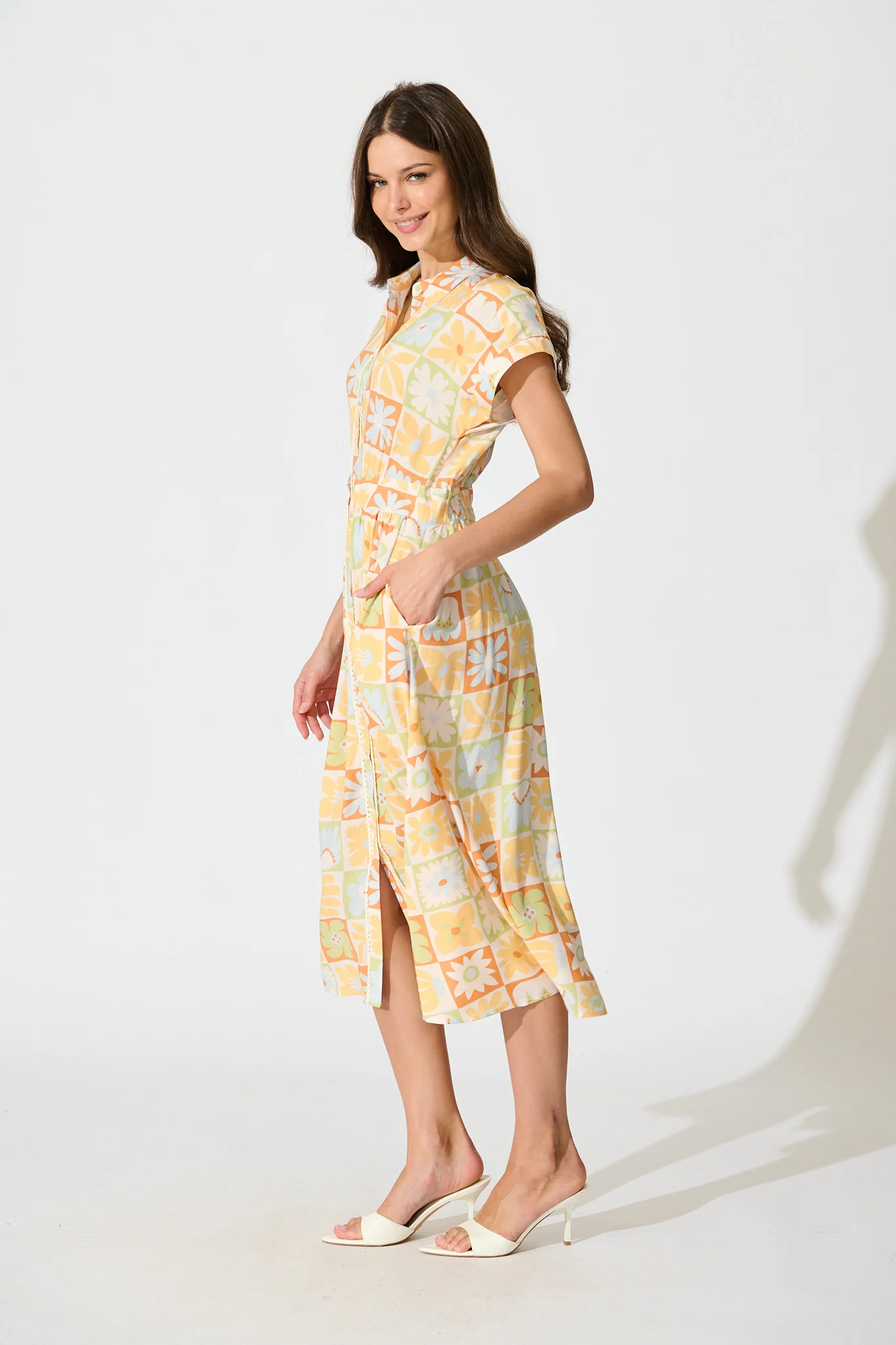 Lassie Midi Shirt Dress in Sage with Rust Patchwork Floral - Image 3