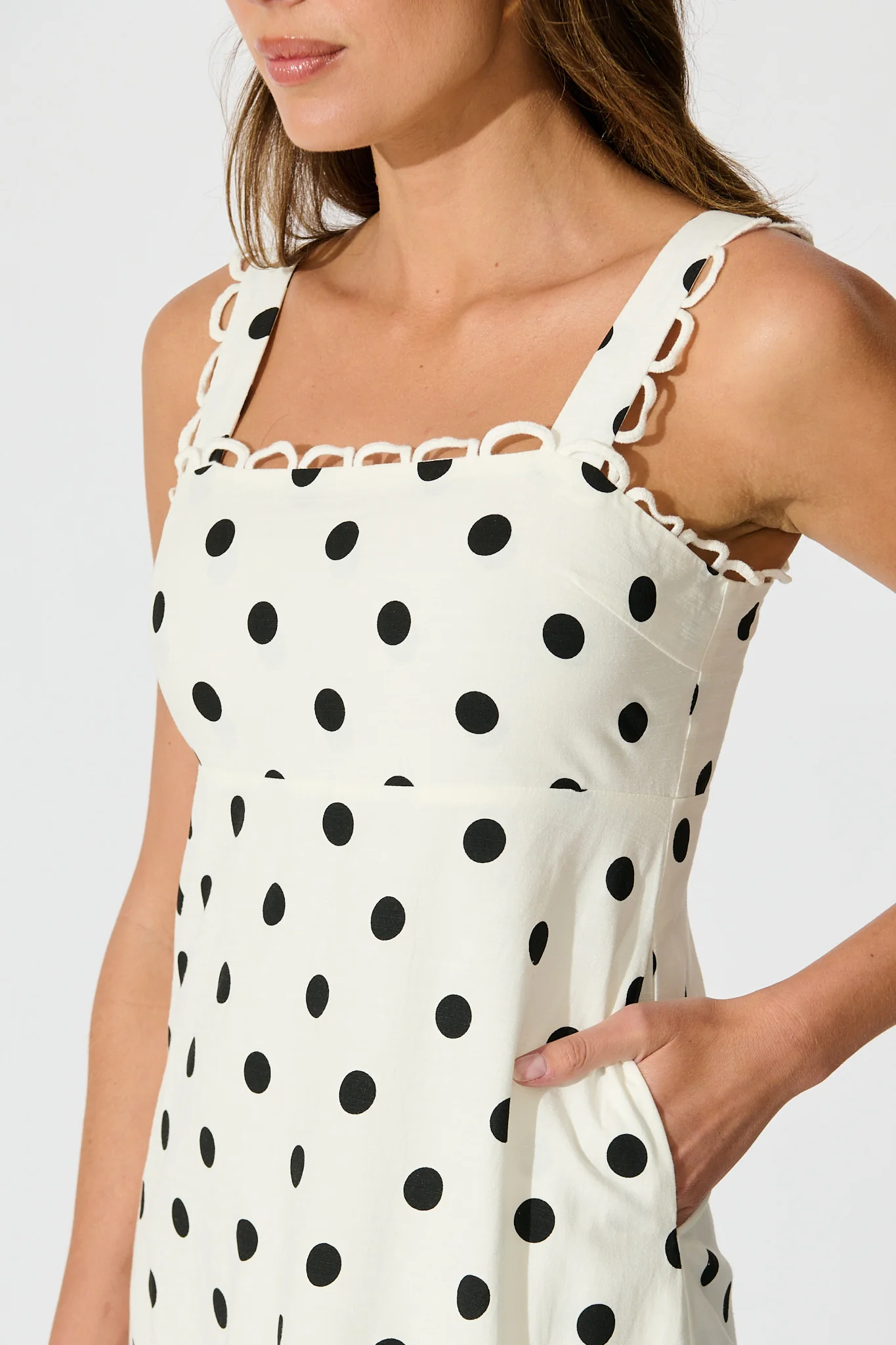 Lauella Maxi Sundress in White with Black Polka Dot Cotton Blend - Image 5