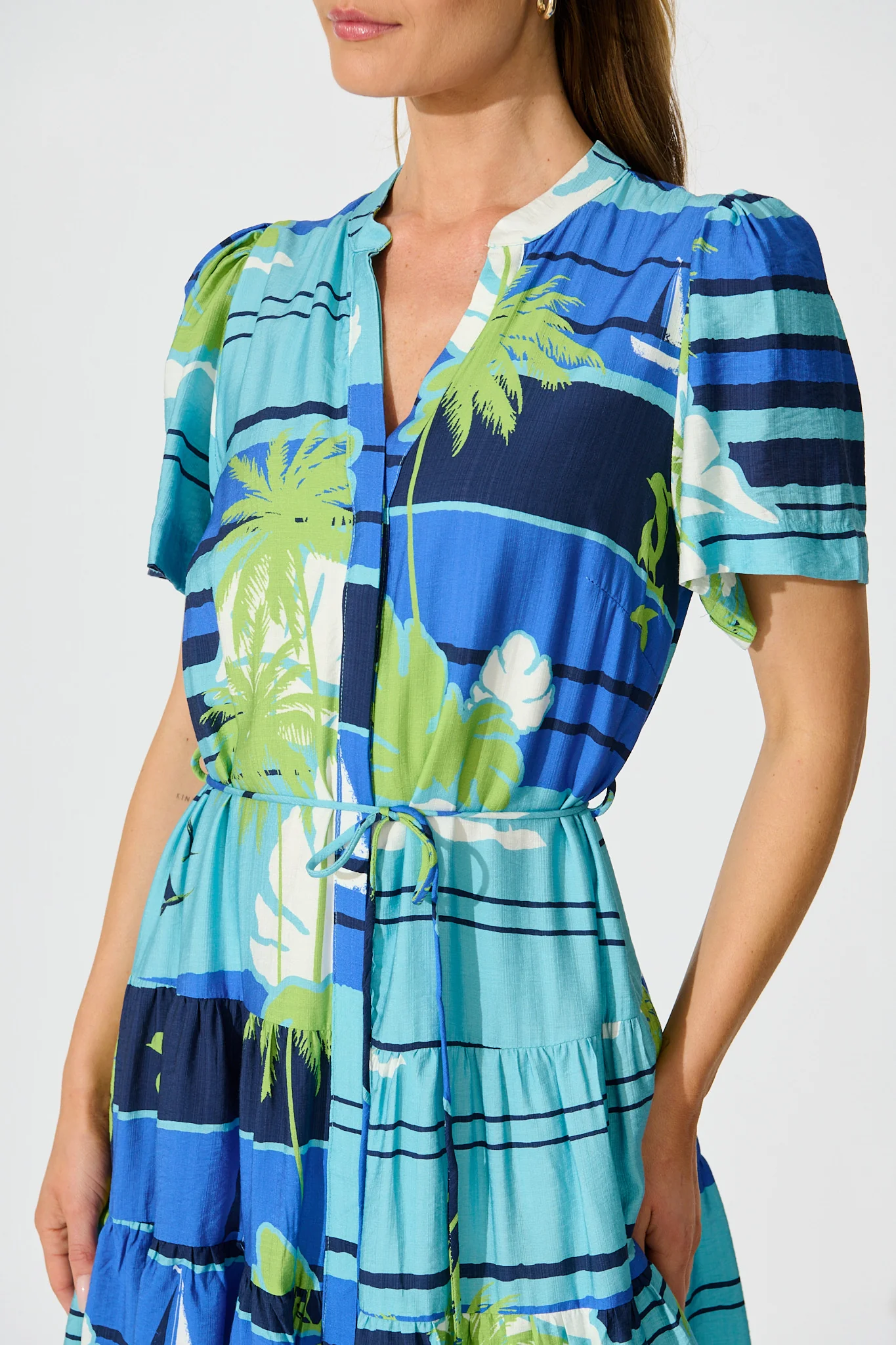 Lavender Dress in Blue with Green Palm Tree Print - Image 5