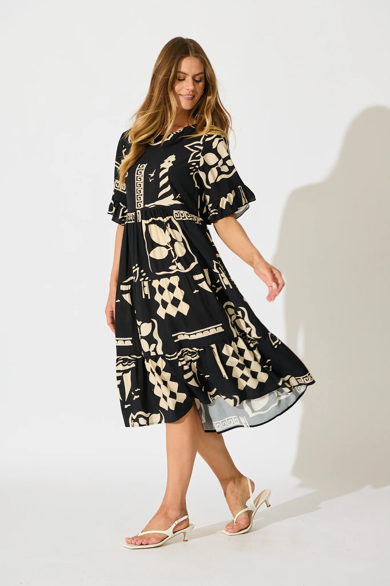 Layana Midi Dress in Black with White Print - Image 3