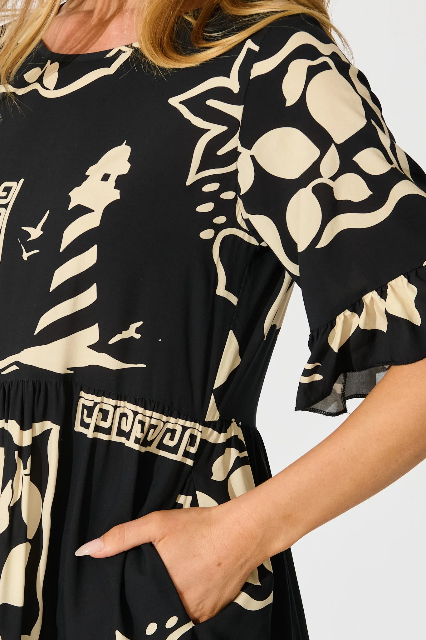 Layana Midi Dress in Black with White Print - Image 5