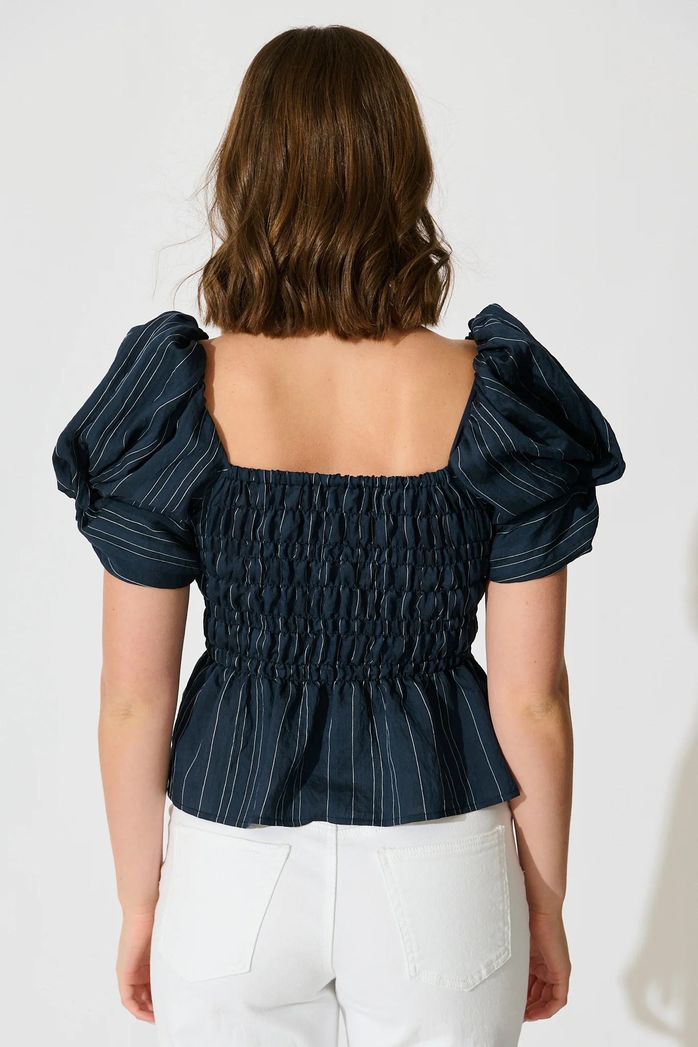 Layne Shirred Top in Navy with White Stripe - Image 3