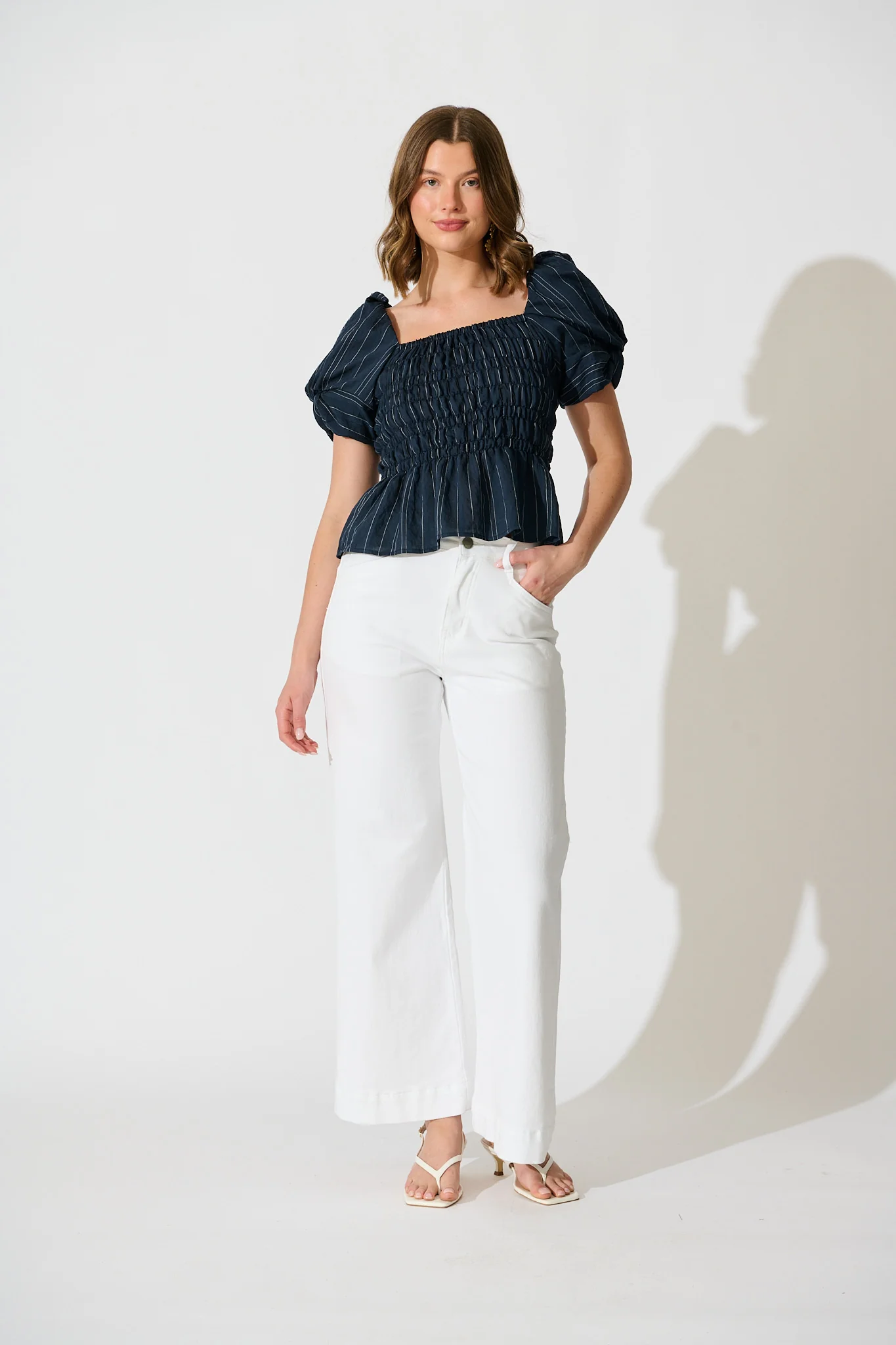 Layne Shirred Top in Navy with White Stripe - Image 4
