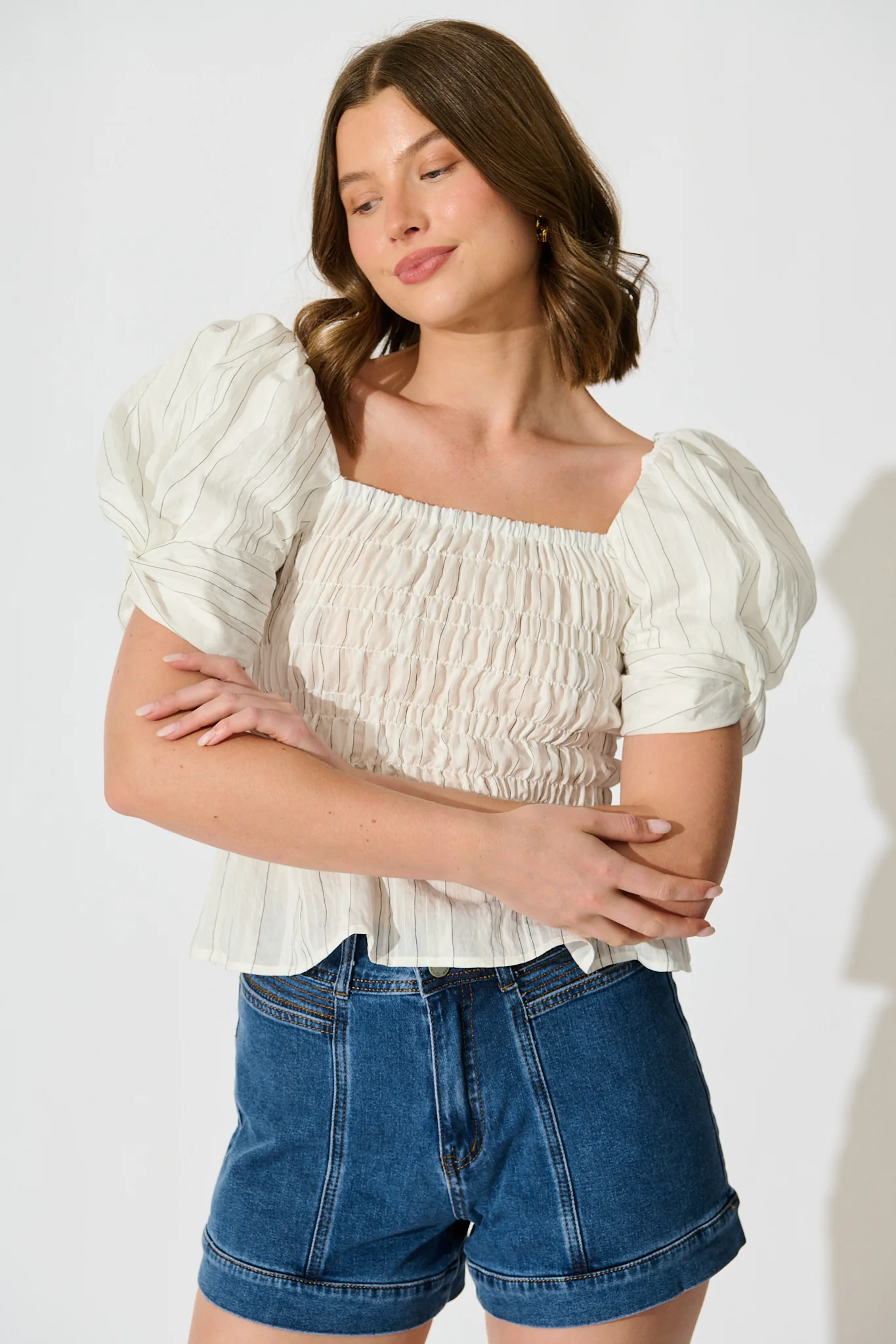 Layne Shirred Top in White with Black Stripe