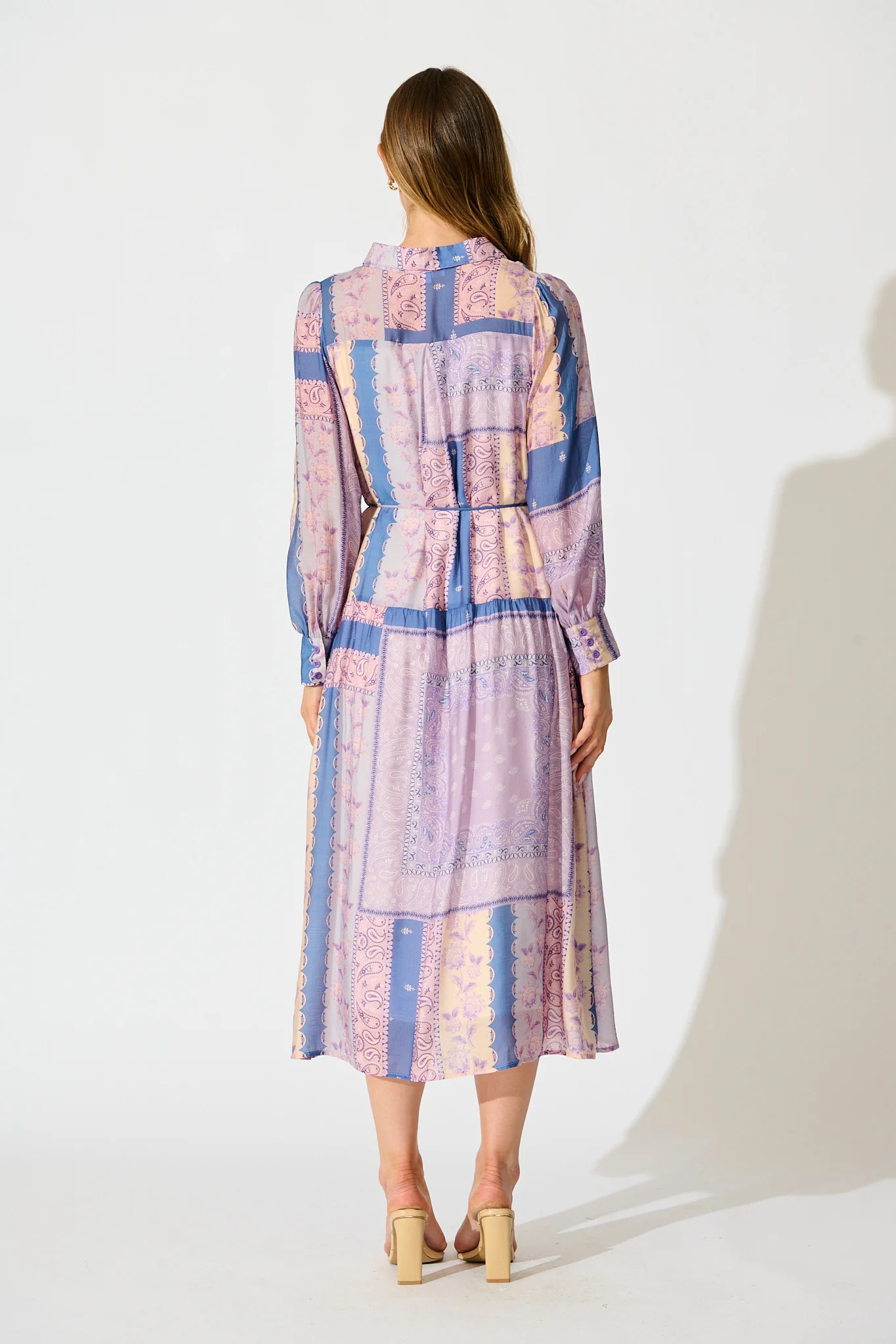 Layton Maxi Shirt Dress in Lilac and Blue Patchwork - Image 4