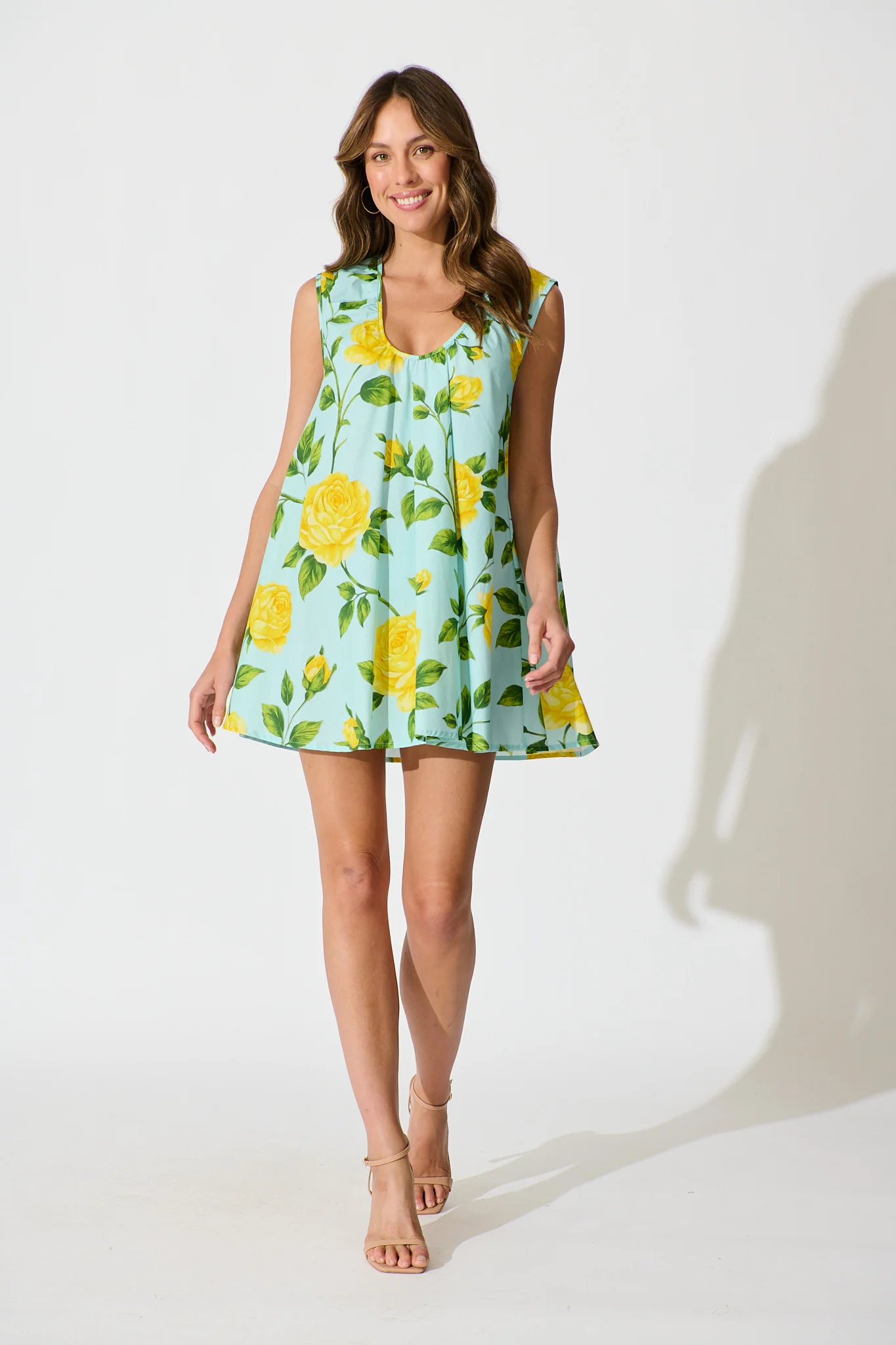 Lemon Drop Dress in Blue with Lemon Yellow Floral Cotton