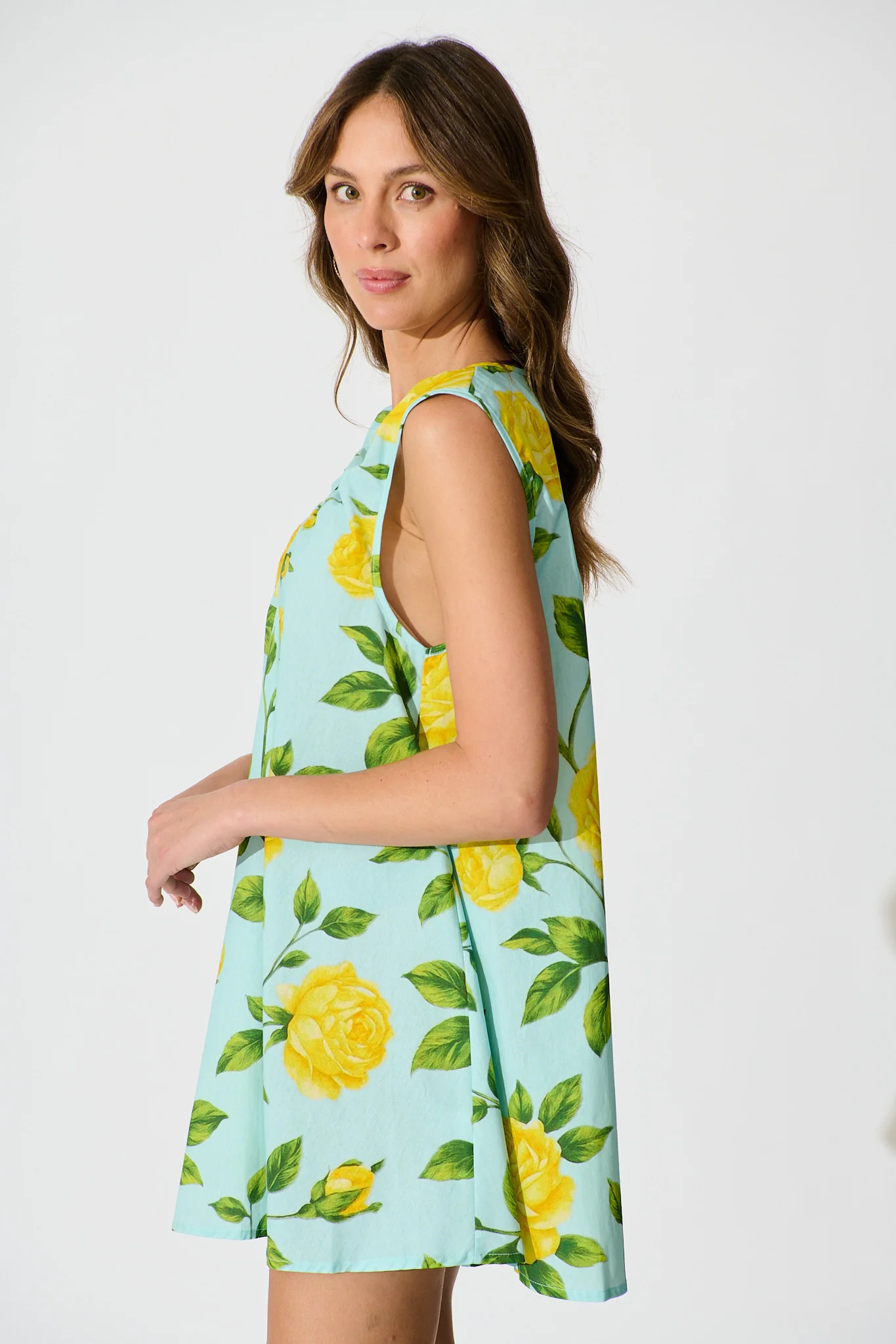 Lemon Drop Dress in Blue with Lemon Yellow Floral Cotton - Image 3