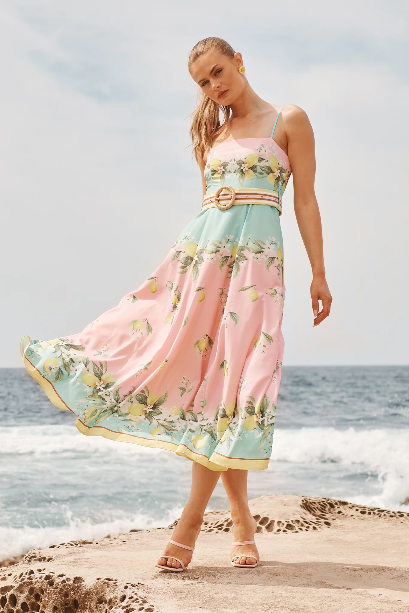 Lemon Whisper Long Sundress in Pink with Lemon Linen Blend