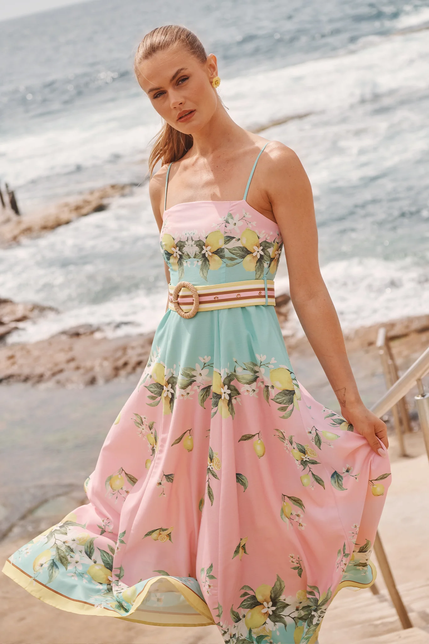Lemon Whisper Long Sundress in Pink with Lemon Linen Blend - Image 2