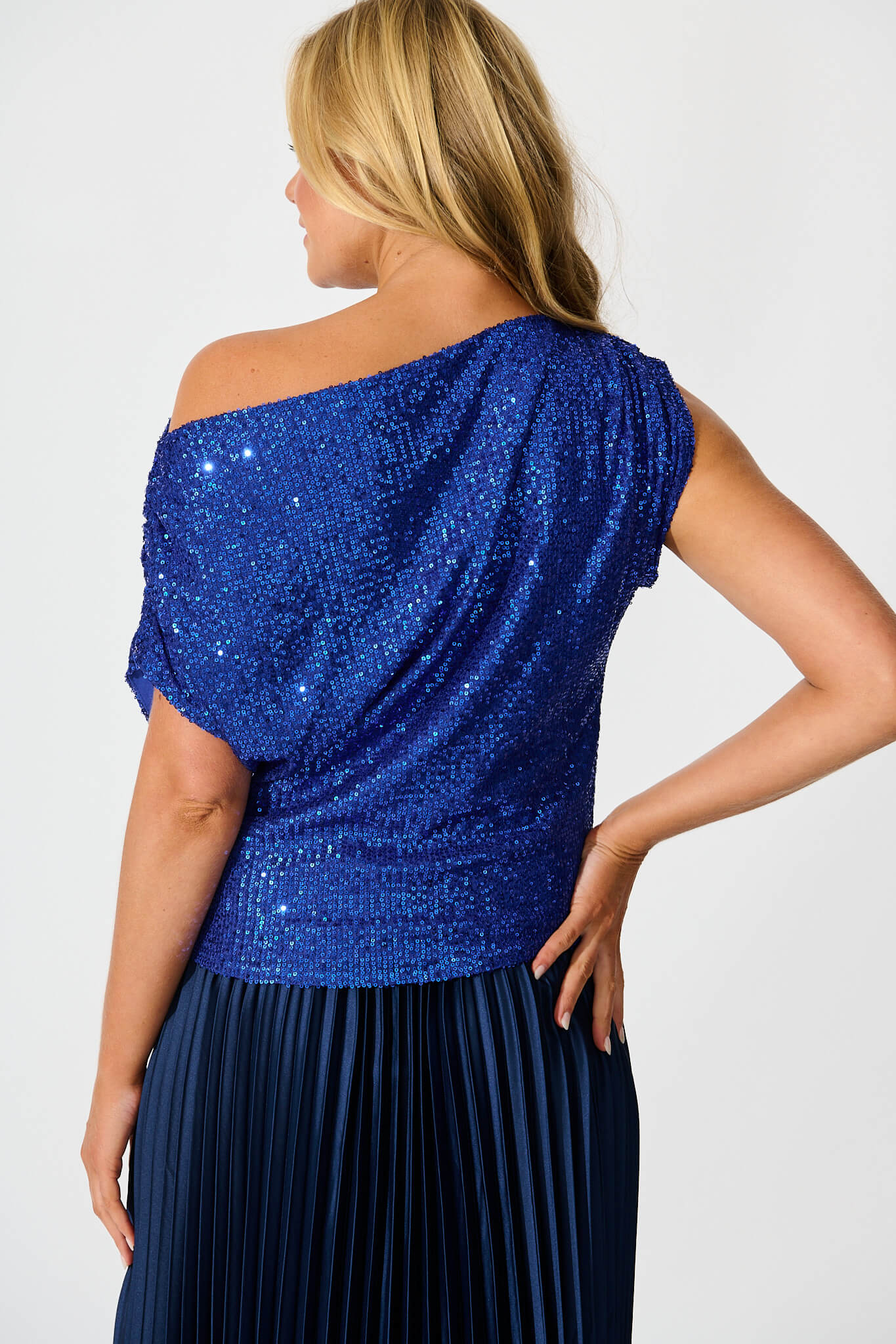Liana Off Shoulder Top in Cobalt Blue Sequin - Image 3