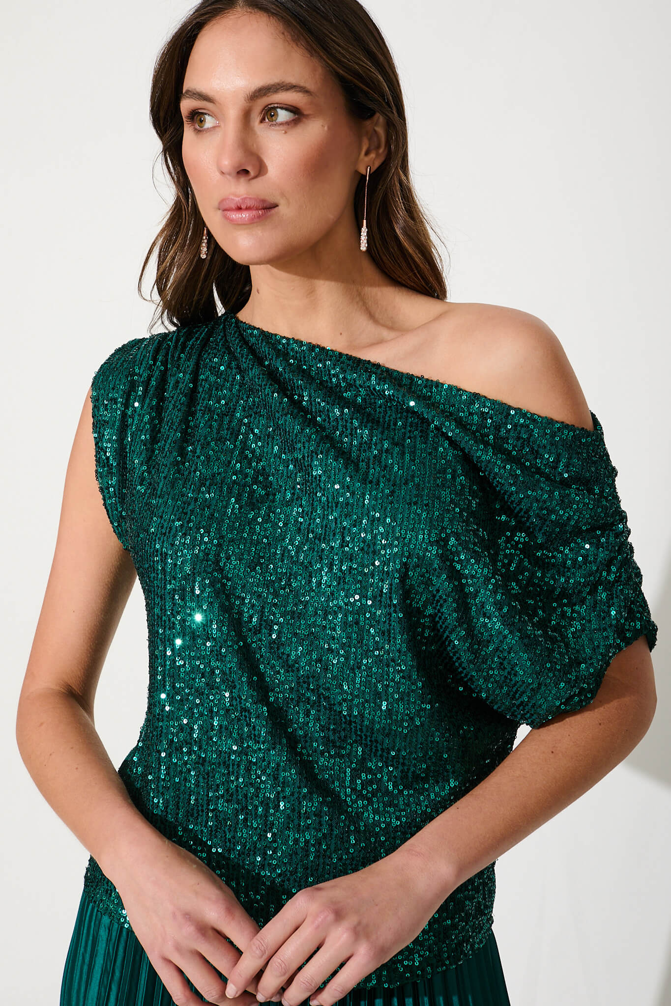 Liana Off Shoulder Top In Emerald Sequin - Image 9