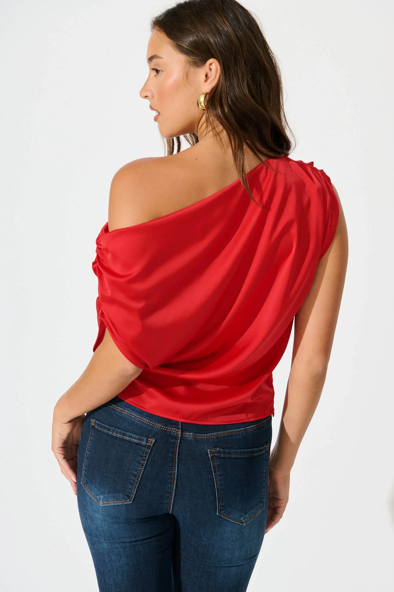 Liana Off Shoulder Top In Red Satin - Image 3