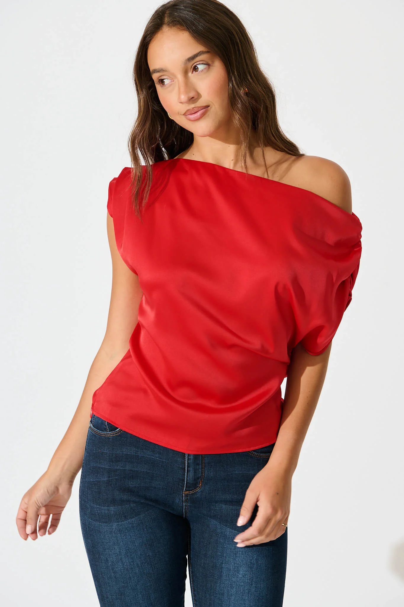 Liana Off Shoulder Top In Red Satin - Image 5