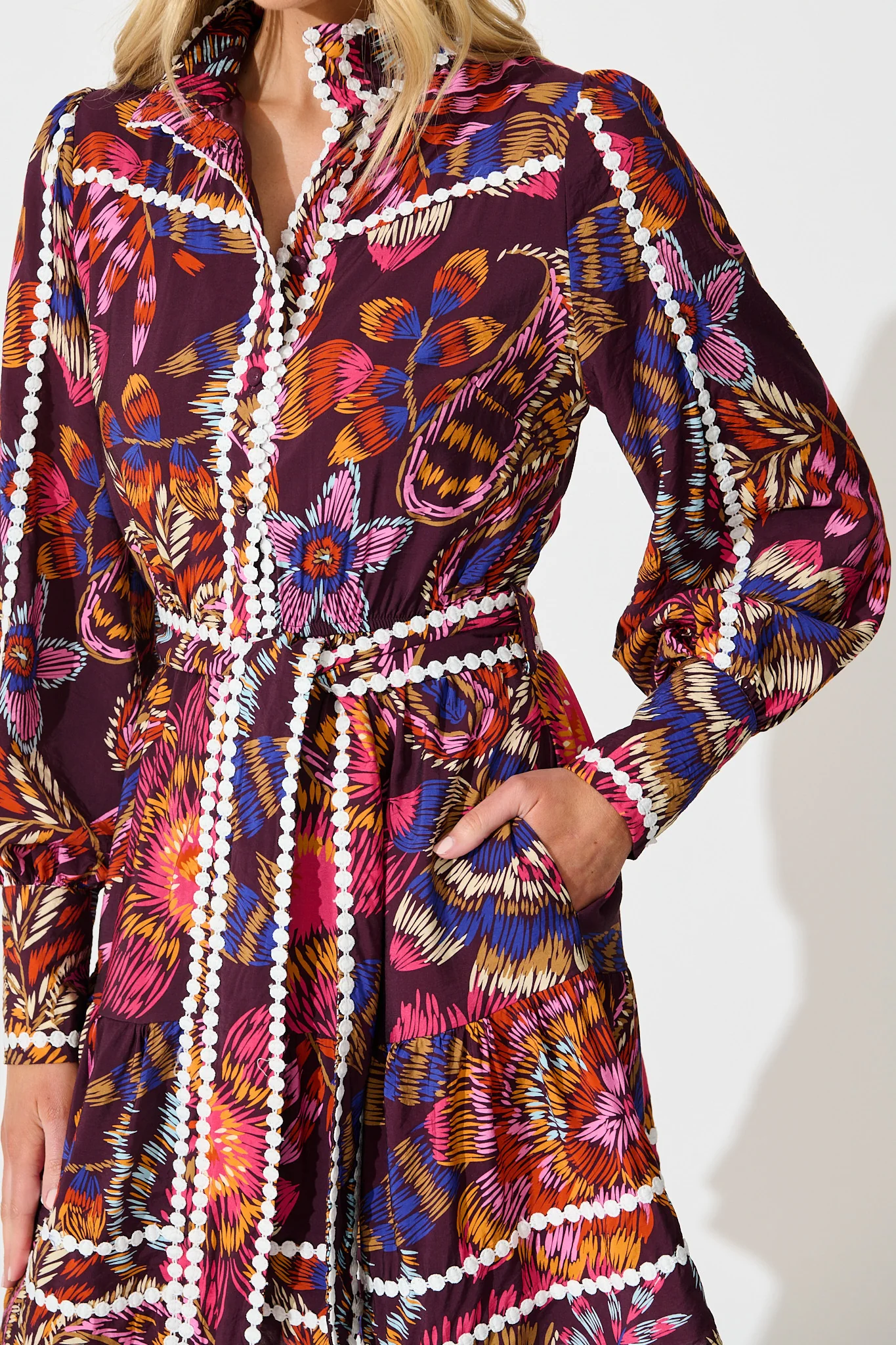 Liberty Dress in Multi Wine Floral with Contrast Trim - Image 6