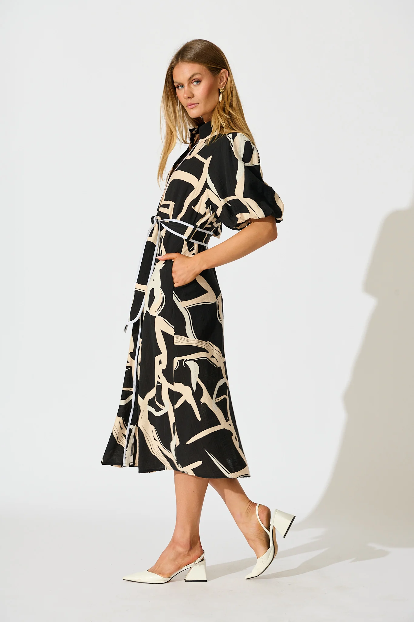 Libra Midi Shirt Dress in Black with Cream Swirl Print Linen Blend - Image 3