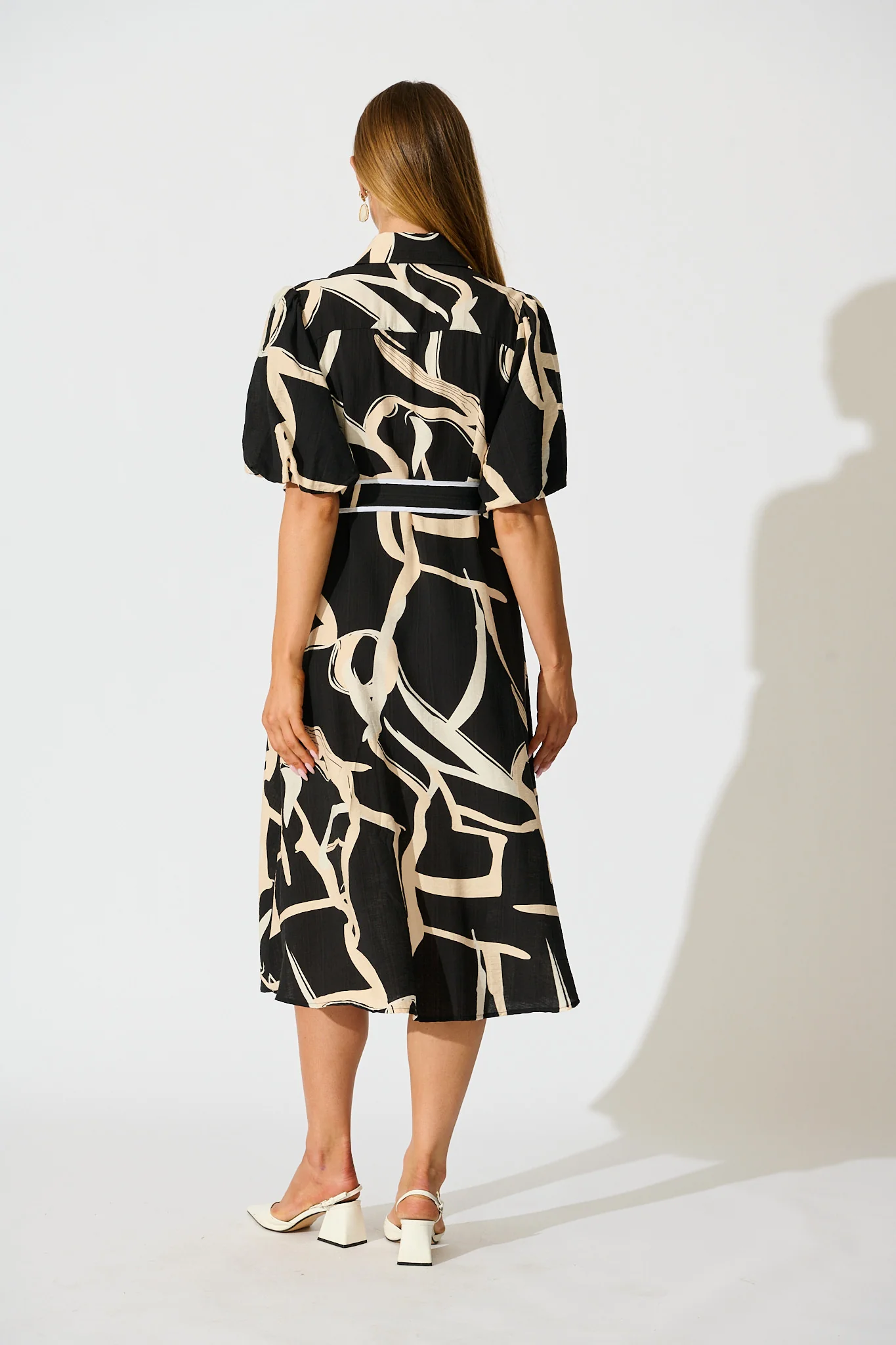 Libra Midi Shirt Dress in Black with Cream Swirl Print Linen Blend - Image 4