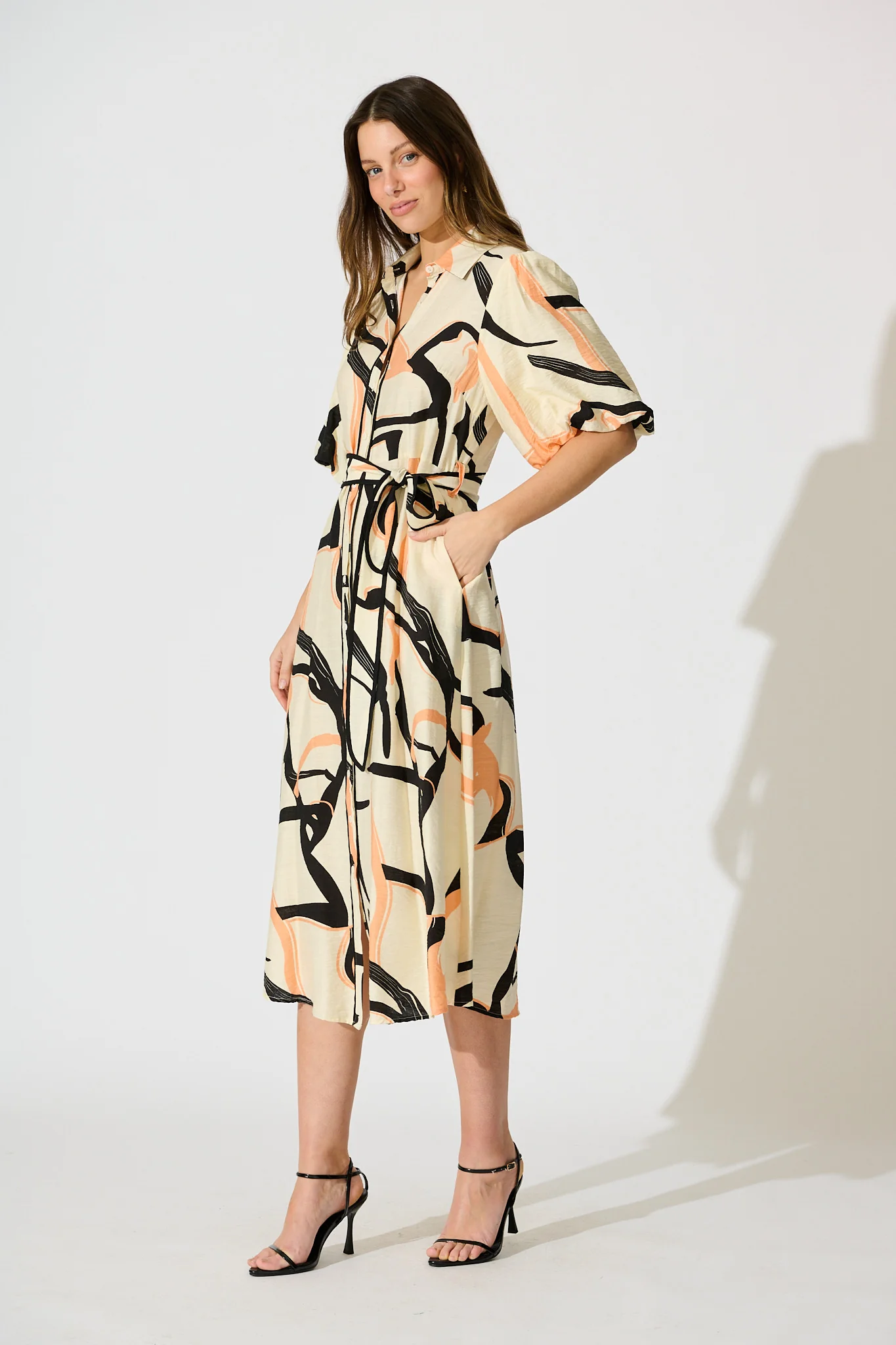 Libra Midi Shirt Dress in Cream with Orange Print - Image 3