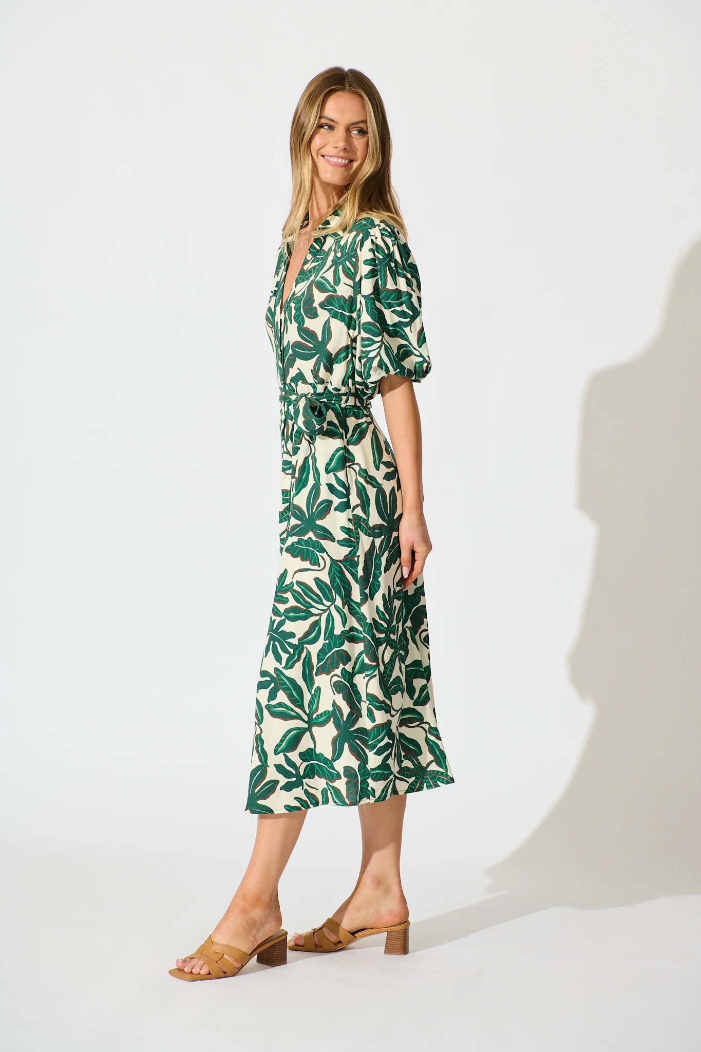 Libra Midi Shirt Dress in Emerald and Cream Leaf Linen Blend - Image 3