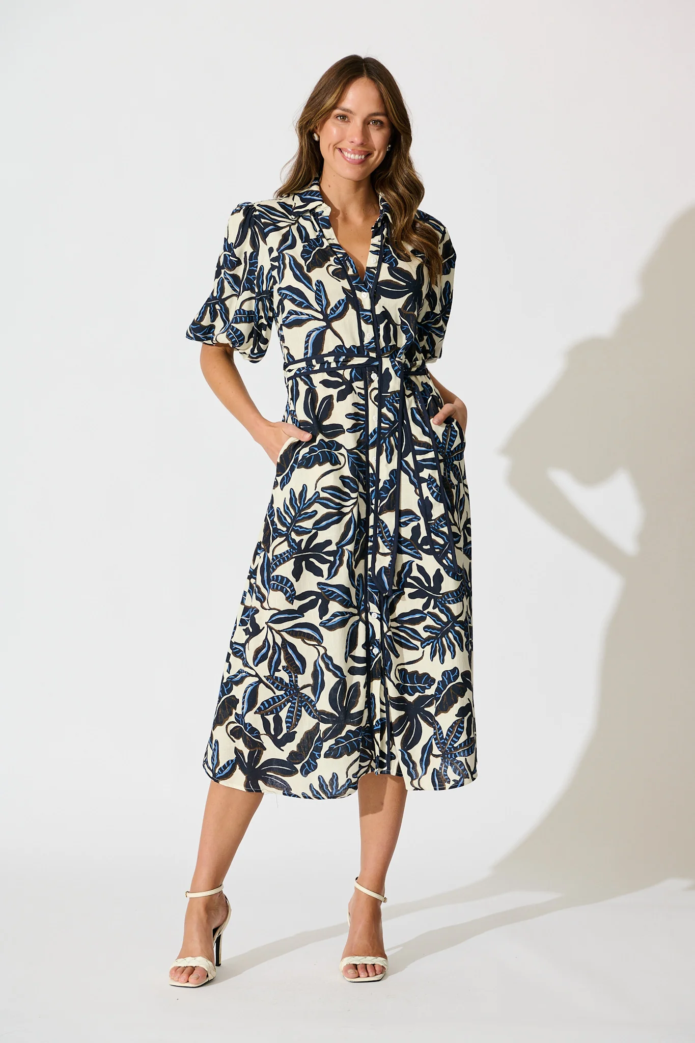 Libra Midi Shirt Dress in Navy and Cream Leaf Linen Blend
