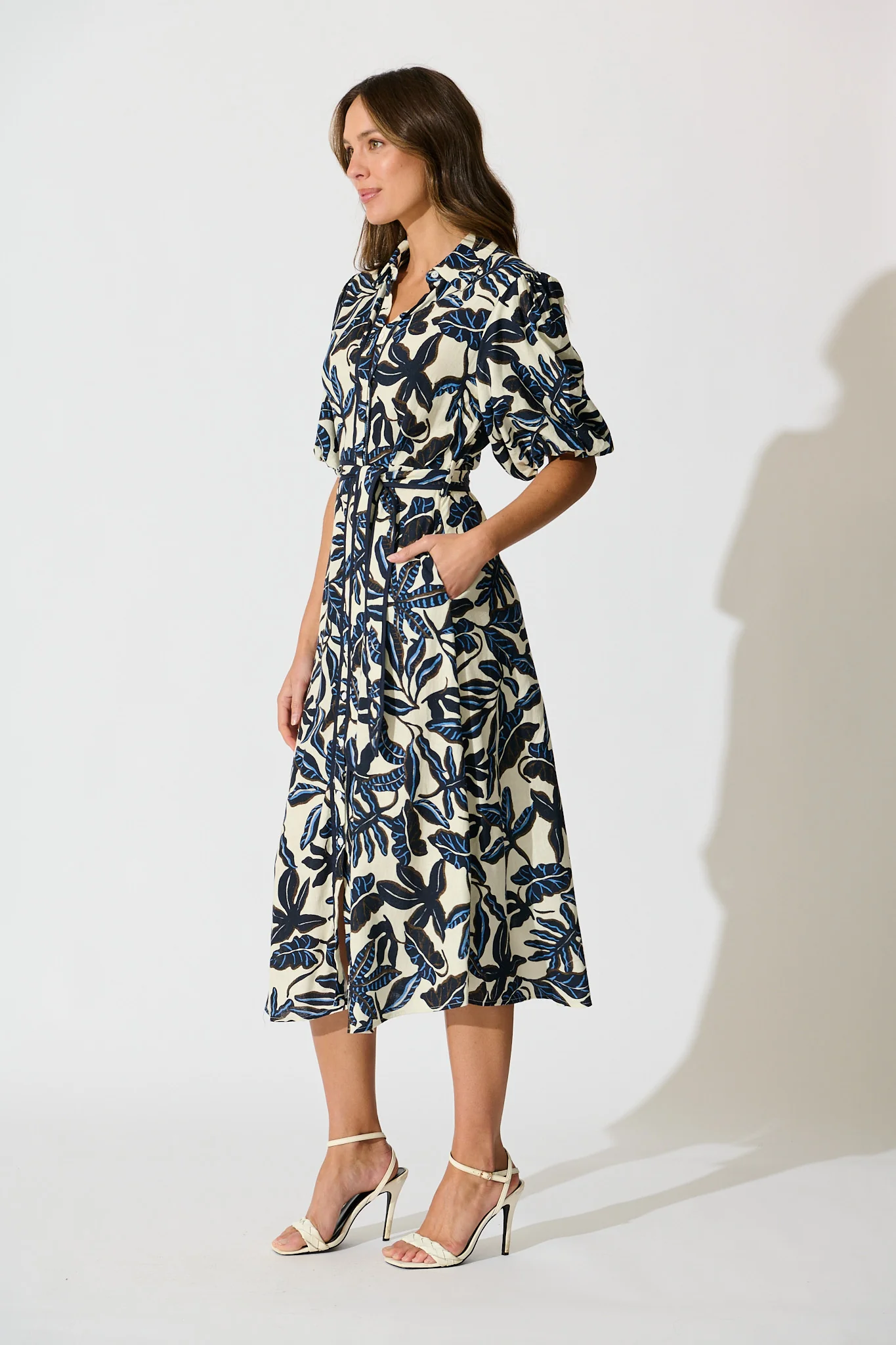 Libra Midi Shirt Dress in Navy and Cream Leaf Linen Blend - Image 3