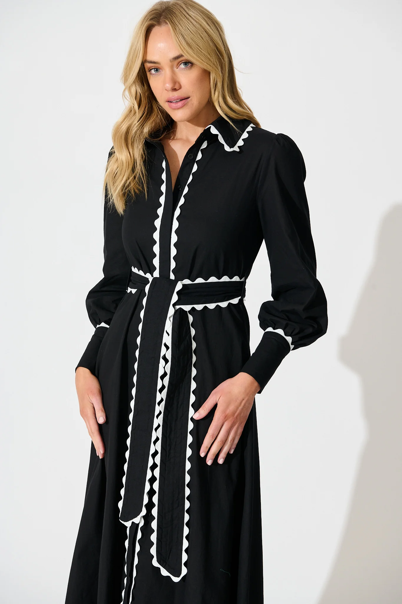 Lilyfield Midi Shirt Dress in Black with Contrast Trim Cotton - Image 2