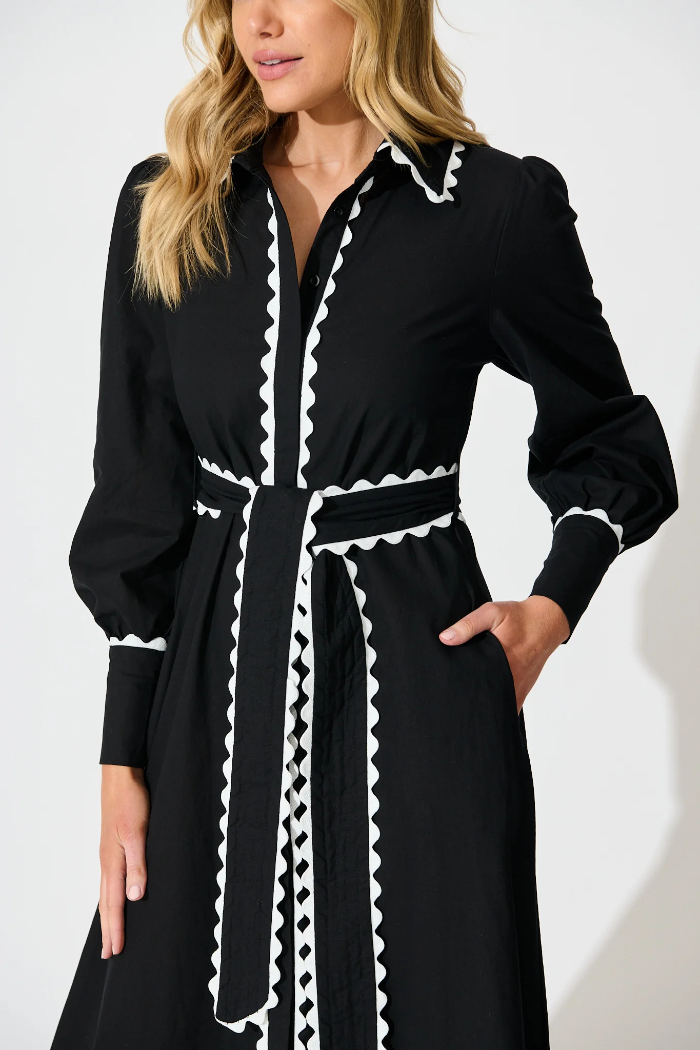 Lilyfield Midi Shirt Dress in Black with Contrast Trim Cotton - Image 5