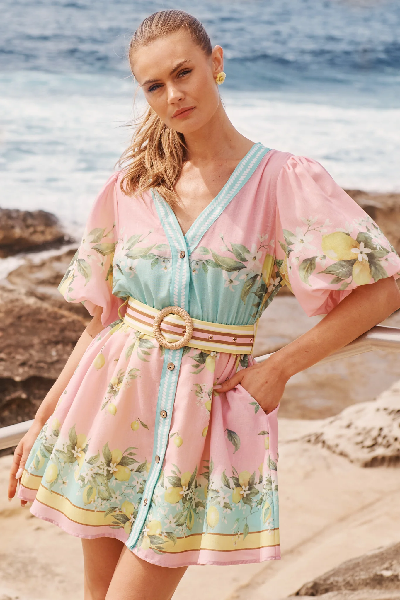 Limonelle Dress in Pink with Lemon Linen Blend
